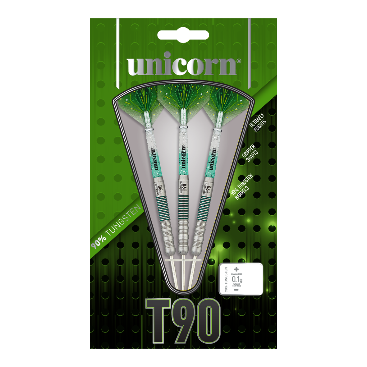 Das Bild zeigt eine Packung der "Unicorn T90 Core XL Green Steeldarts". Die Verpackung ist grün und schwarz und enthält drei Darts mit grünem Flight.
