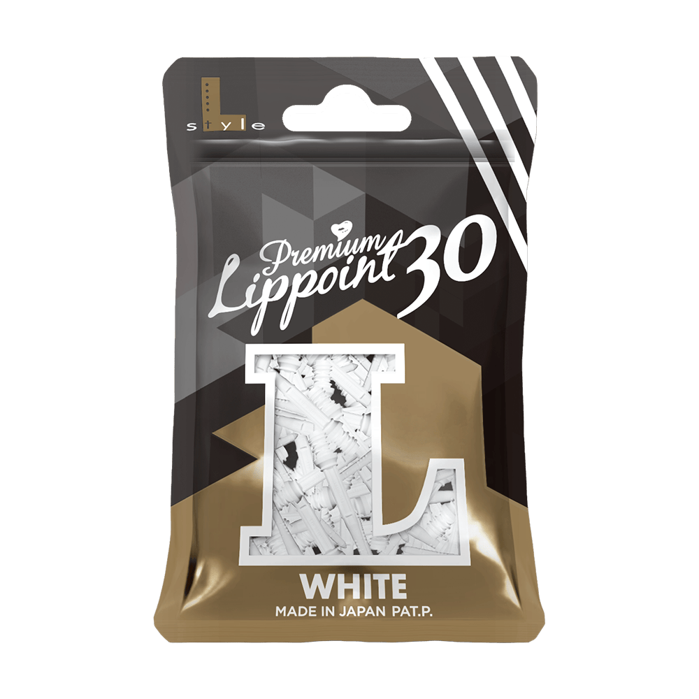 Auf dem Bild ist eine Packung mit weißen Premium Lippoint Softdartspitzen zu sehen. Die Verpackung enthält 30 Stück und ist Made in Japan.