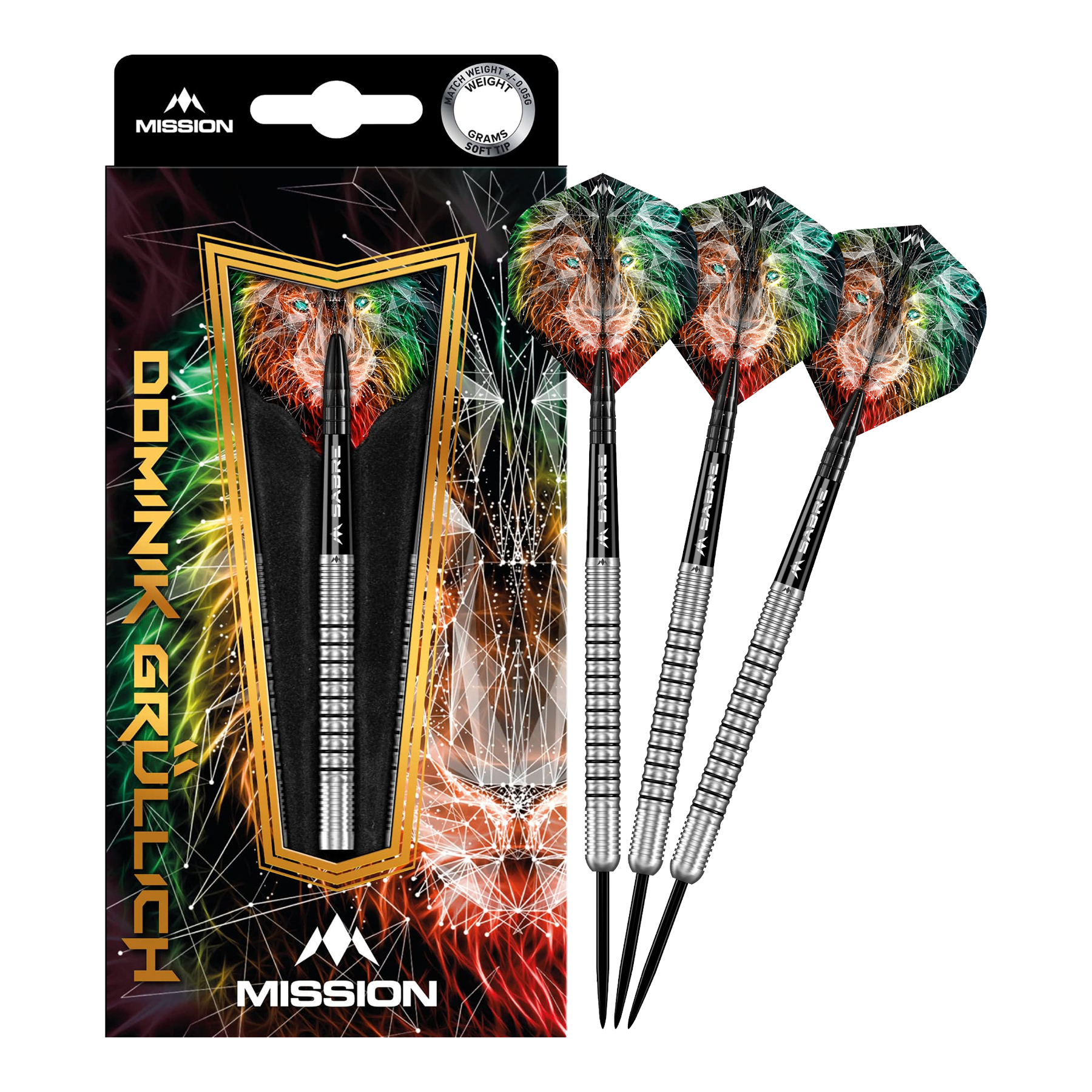 Mission Dominik Grüllich Steeldarts Das Bild zeigt das Produkt „Mission Dominik Grüllich Steeldarts - 23,5g“ mit einer farbenfrohen Verpackung und drei silbernen Darts. Die Flights der Darts sind mit einem bunten Löwenmotiv verziert.