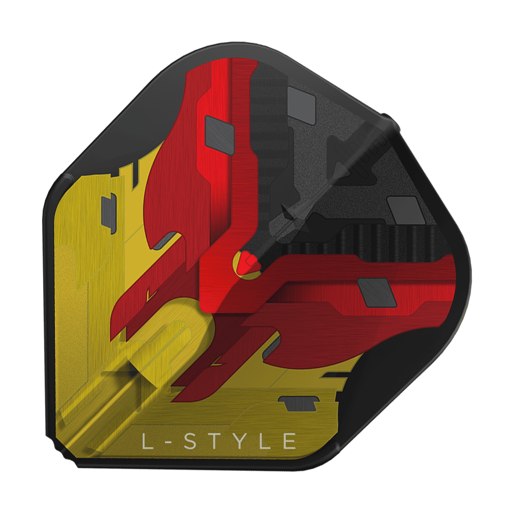 Das Bild zeigt ein Dart-Flight der Marke "L-Style" in schwarz, rot und gelb mit geometrischem Muster. Unten steht der Schriftzug "L-STYLE".