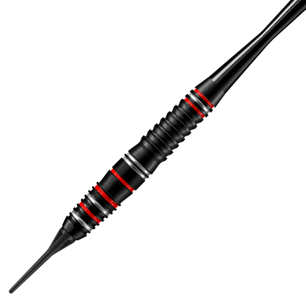Das Bild zeigt einen Harrows Fire High Grade Alloy Softdart. Der Dartpfeil ist schwarz mit roten und silbernen Akzenten gestaltet.