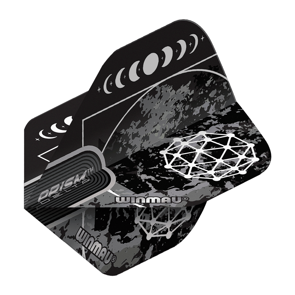 Das Bild zeigt die Winmau Prism Delta Callisto No2 Standard Flights. Die Flights sind schwarz-grau gemustert und mit weißen grafischen Mondphasen und geometrischen Mustern verziert.