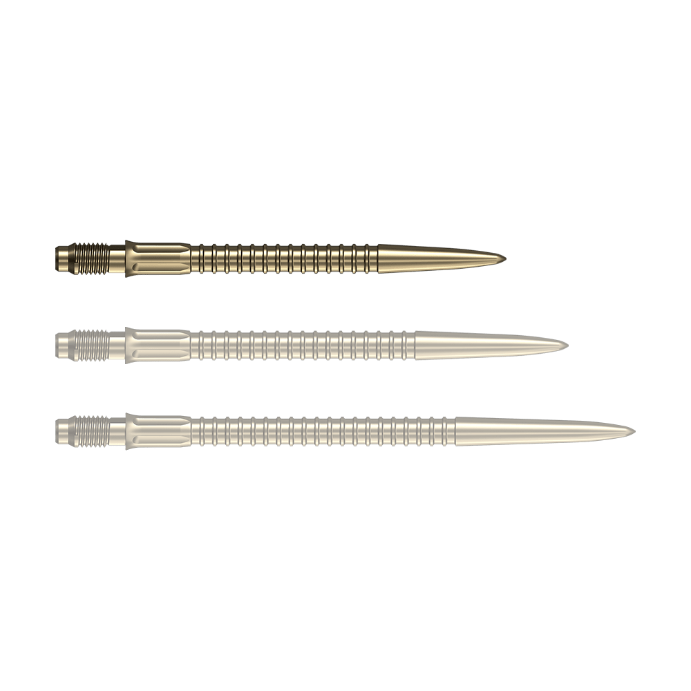 Mission R2.5 Rapid Point GV1 Dartspitzen - Gold Goldene Dartspitzen liegen nebeneinander auf einer weißen Fläche. Diese Spitzen eignen sich für das Dartspiel.