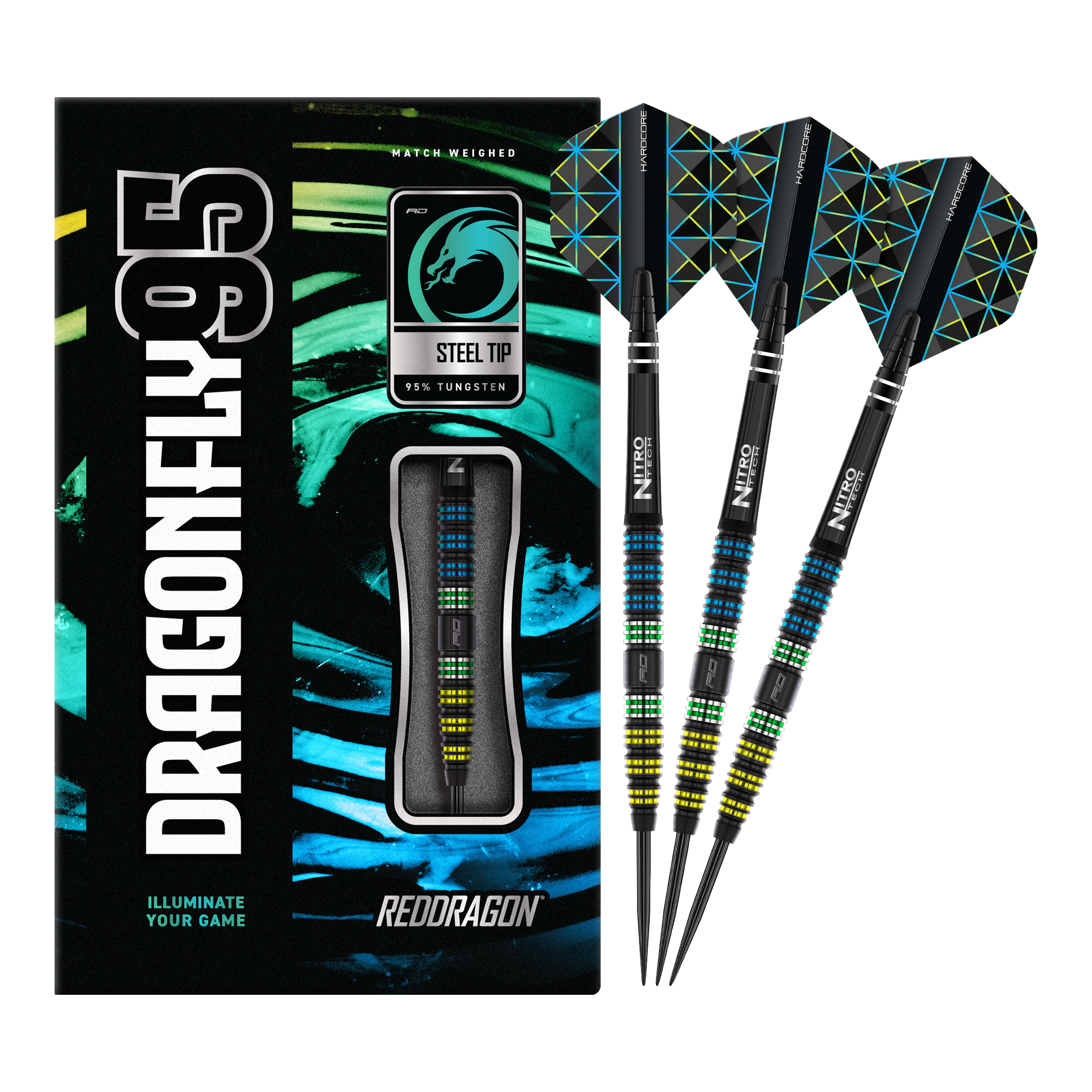 Red Dragon Dragonfly 95 Black Tapered Steeldarts Die Abbildung zeigt das Produkt "Red Dragon Dragonfly 95 Black Tapered Steeldarts" mit moderner, bunter Verpackung. Drei schwarze Steeldarts mit farbigen Akzenten und speziellen Flights sind daneben zu sehen.