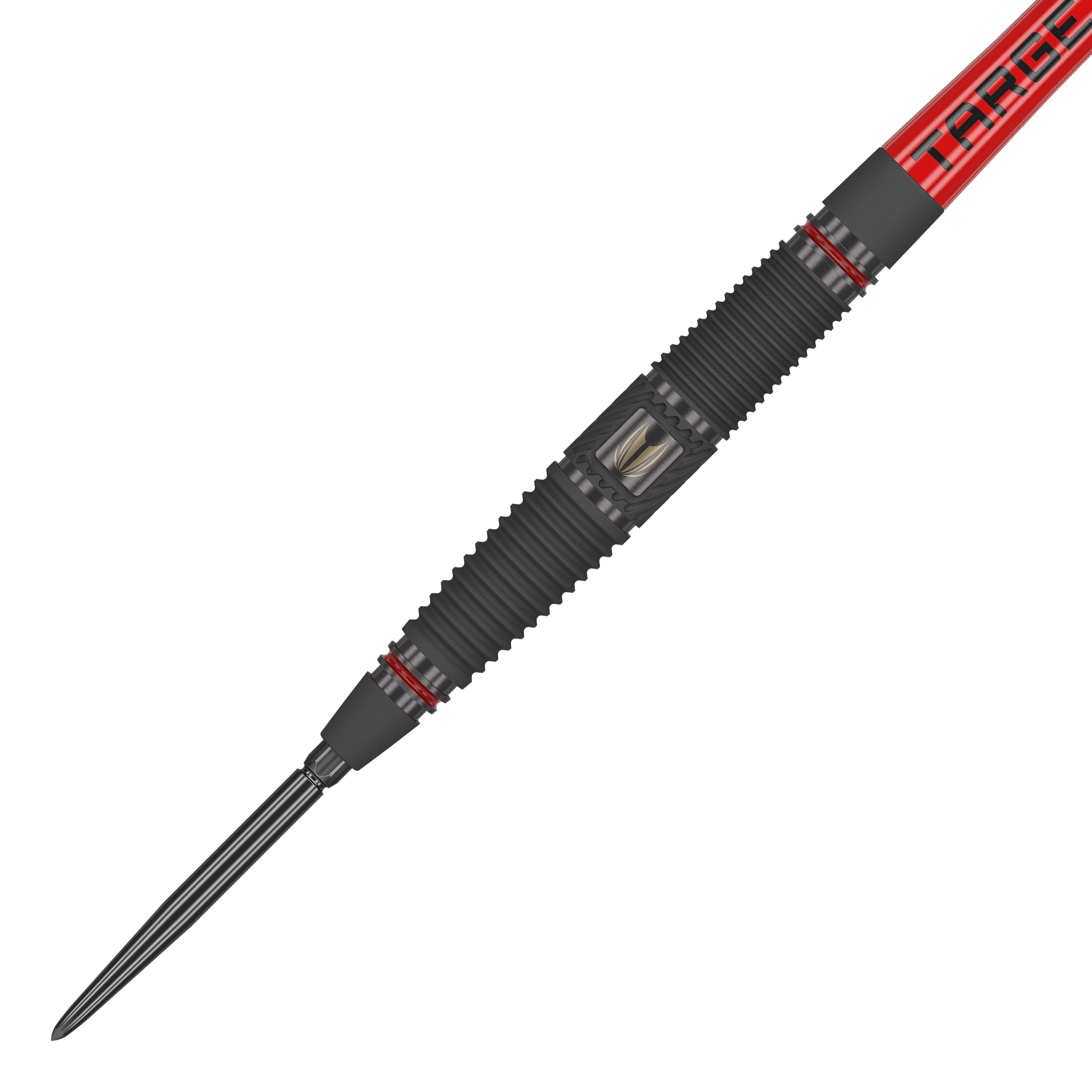 Target Scope 04 Swiss Point Steeldarts Das Bild zeigt einen Target Scope 04 Swiss Point Steeldart. Der Dart hat ein schwarzes, geriffeltes Griffstück mit roten Akzenten und einer silbernen Spitze.