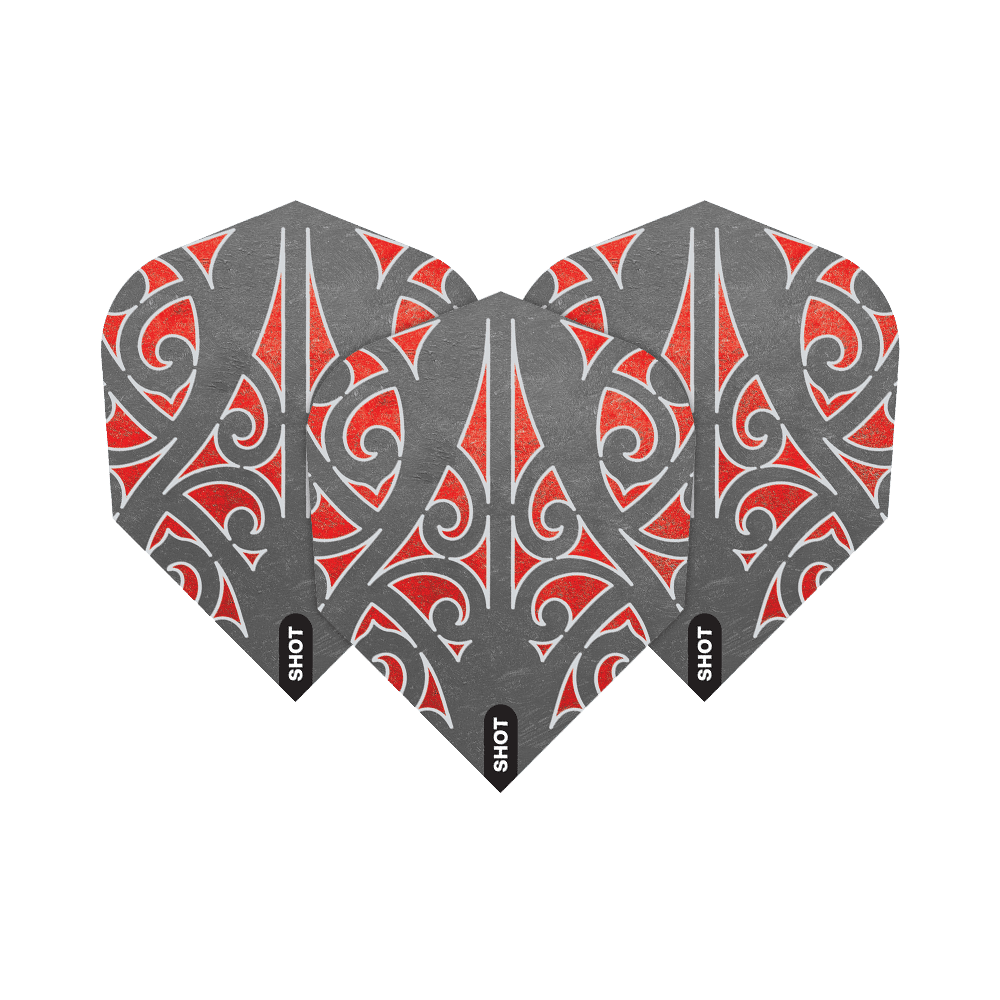 Das Bild zeigt drei Dart-Flights des Produkts „Shot Warrior Awe No6 Flights“. Die Flights haben ein graues Design mit roten und weißen Mustern.