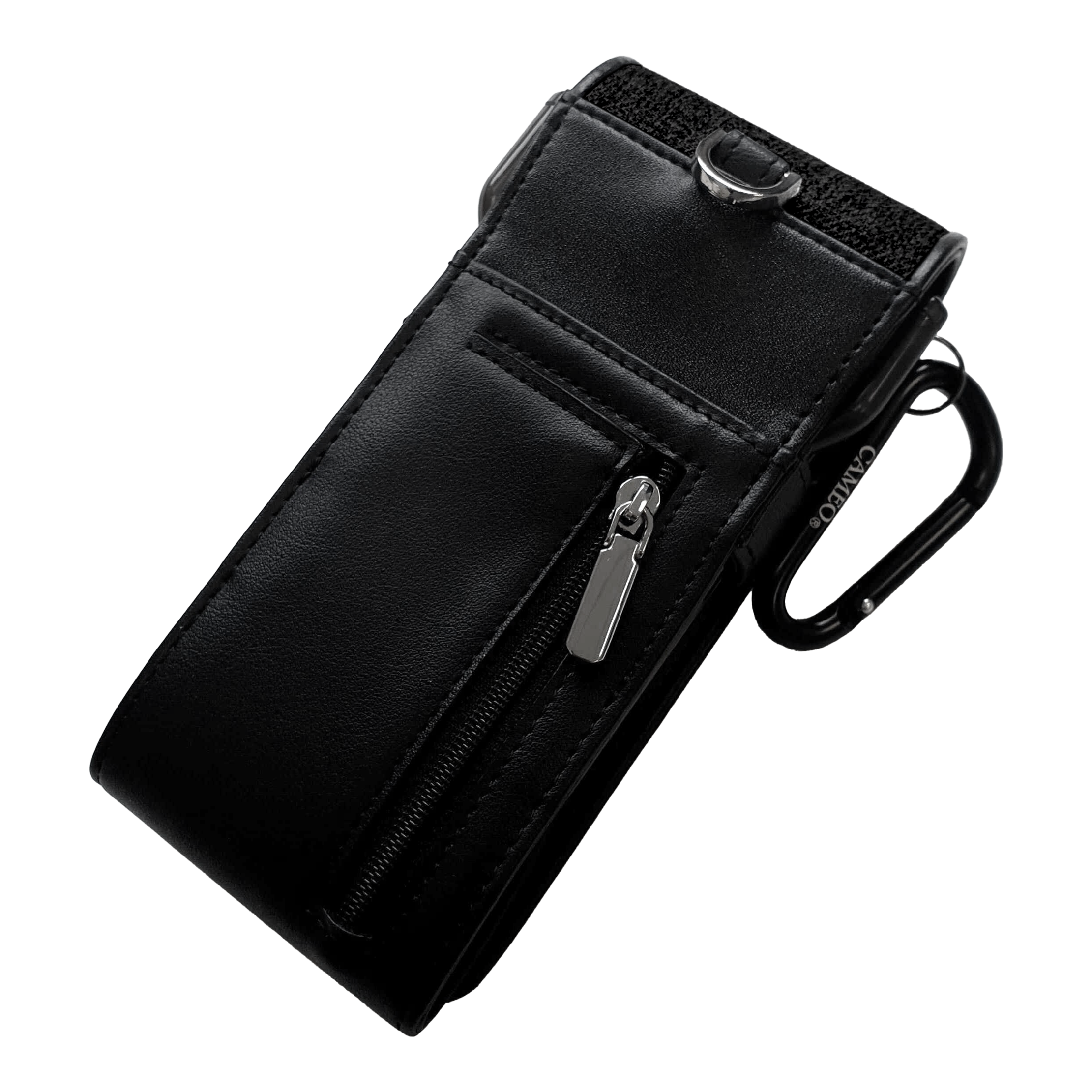 Dies ist ein schwarzes Etui mit einem Reißverschlussfach. Es hat einen Karabinerhaken an der Seite zur Befestigung.