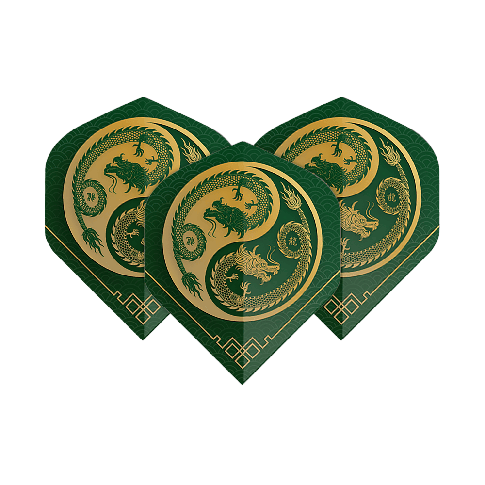 Pentathlon Flights Dragon grün Das Bild zeigt drei Pentathlon Dragon 3 Standard Flights in Grün und Gold. Auf jedem Flight ist ein kunstvoller Drache im Kreisdesign abgebildet.