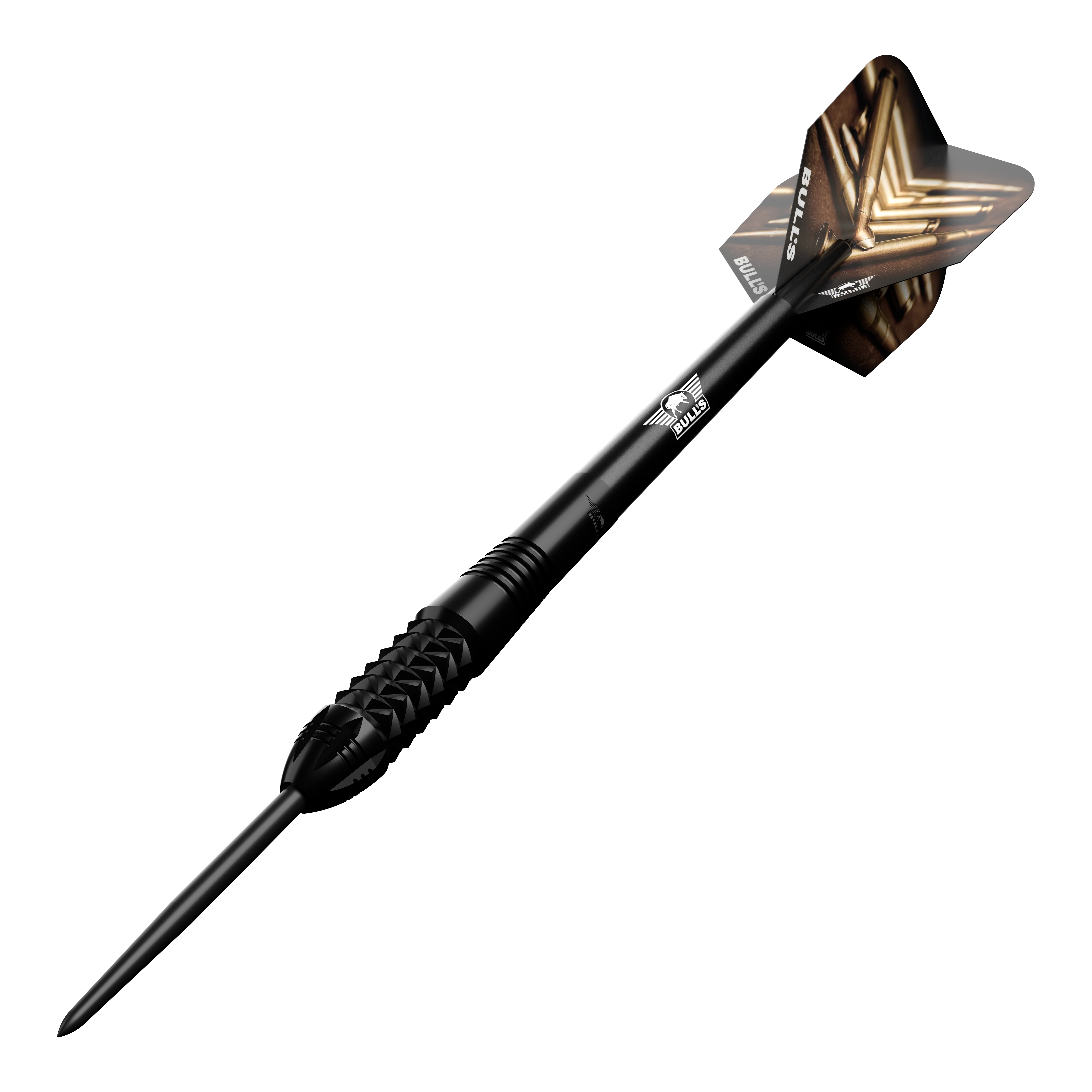 Bulls NL Caliber Black Steeldarts Dieses Bild zeigt den Bulls NL Caliber Black Steeldart. Der Dartpfeil ist schwarz und hat ein auffälliges Design auf den Flights.