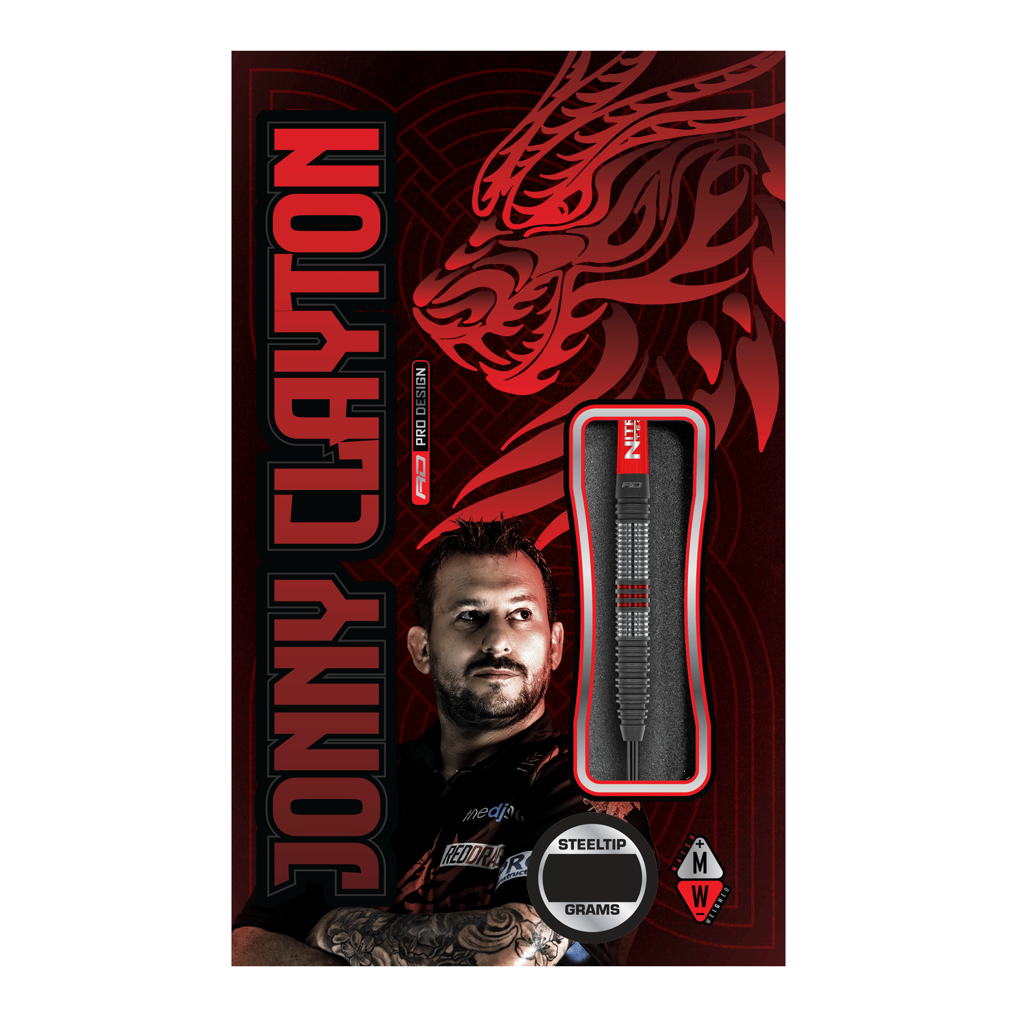 Red Dragon Jonny Clayton Hiraeth Steeldarts Die Abbildung zeigt die Verpackung der "Red Dragon Jonny Clayton Hiraeth Steeldarts". Auf der Verpackung sind ein Porträt von Jonny Clayton sowie ein stilisierter roter Drache abgebildet.