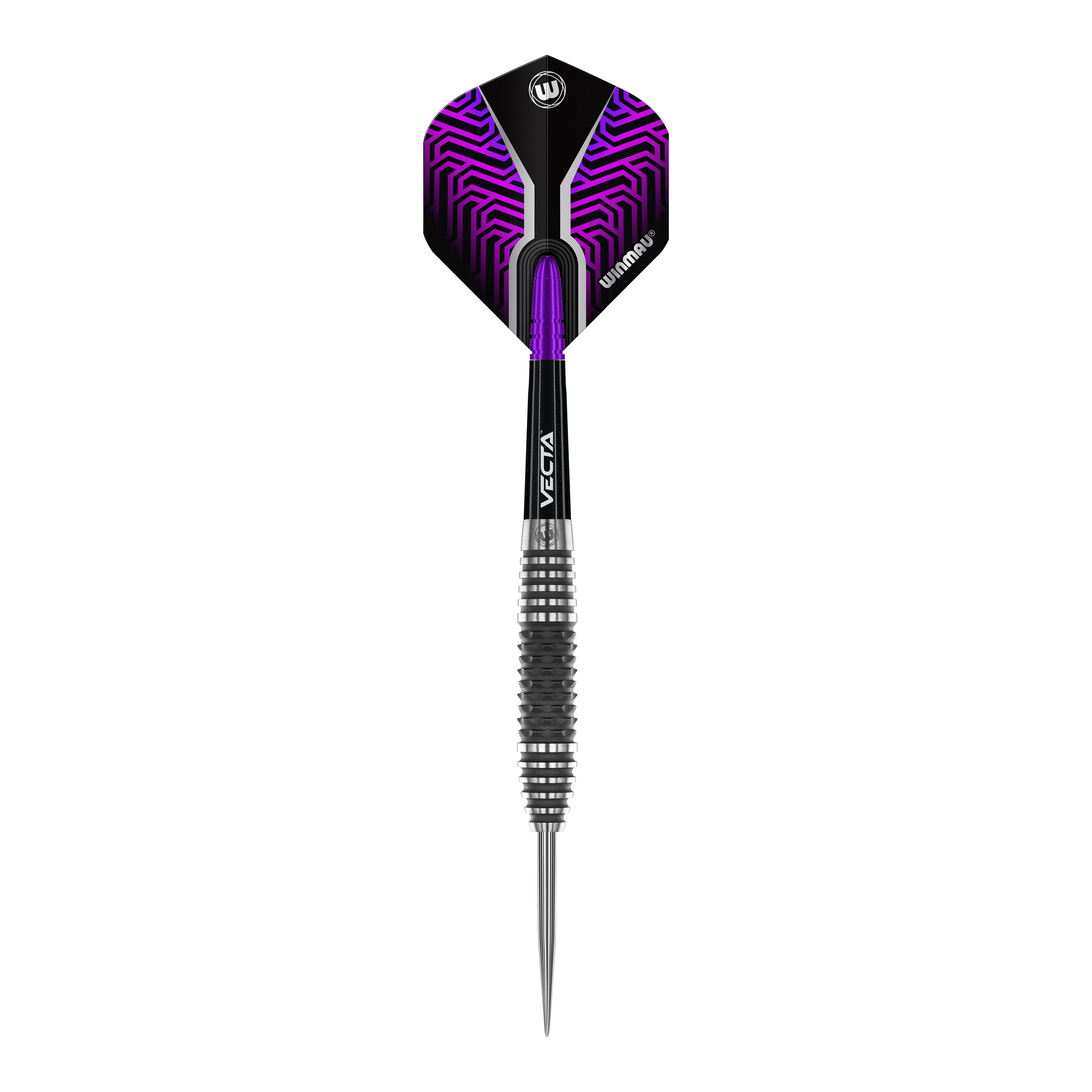 Winmau Kairos 01 Steeldarts Auf dem Bild ist ein Winmau Kairos 01 Steeldart zu sehen. Der Dartpfeil hat ein modernes Design mit schwarzem und lila Muster am Flight.