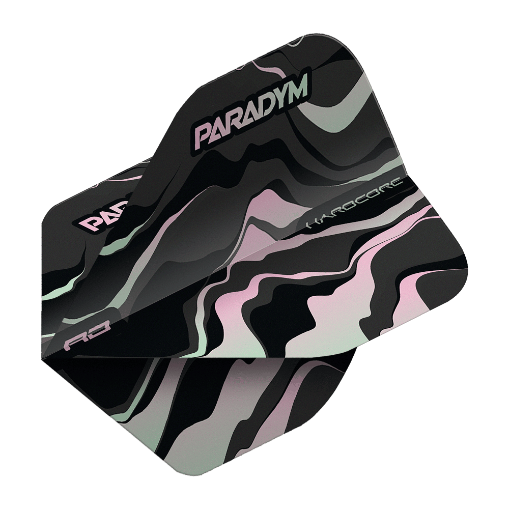 Das Bild zeigt die Red Dragon Hardcore Paradym No2 Standard Flights für Darts. Die Flights haben ein modernes, wellenförmiges Muster in Schwarz, Grau und Rosa mit den Aufschriften "PARADYM" und "HARDCORE".