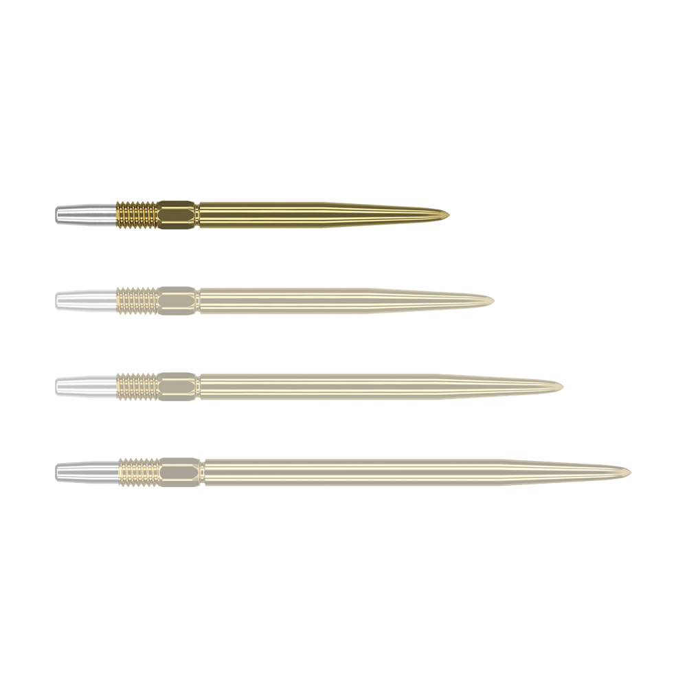 Das Bild zeigt vier goldene Dartspitzen, die nebeneinander ausgerichtet sind. Die Spitzen haben ein silbernes Gewinde am Ende.