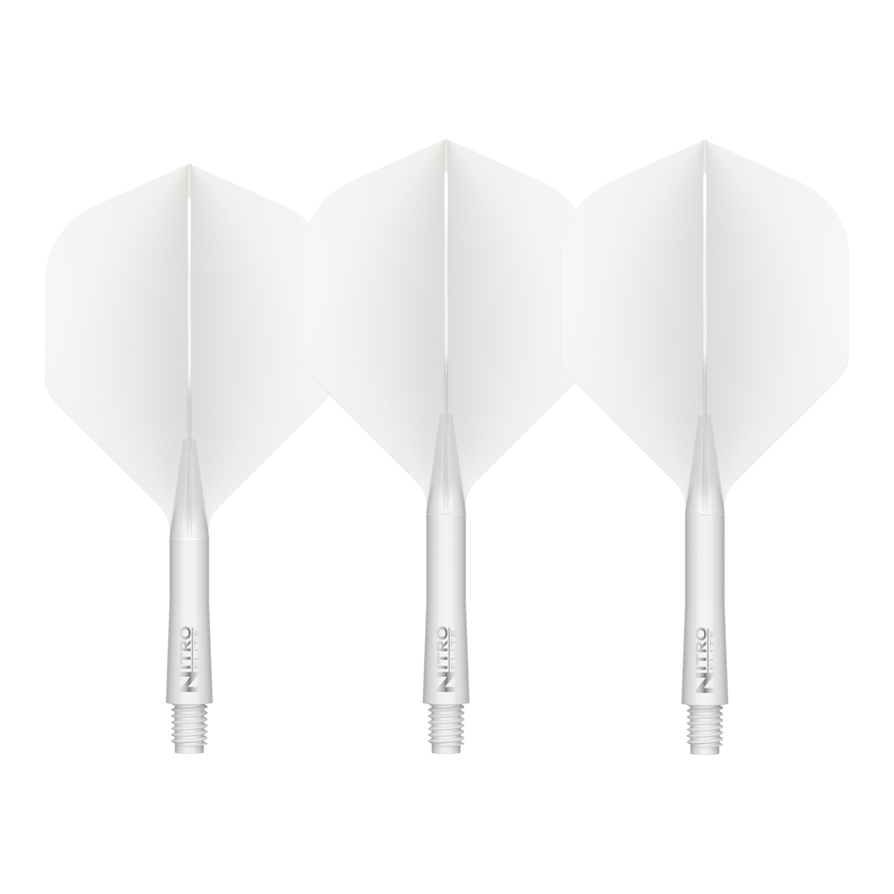 Abgebildet sind die Red Dragon Nitroflite White Shaft White Flights No2. Diese Flights und Shafts sind in Weiß gehalten.