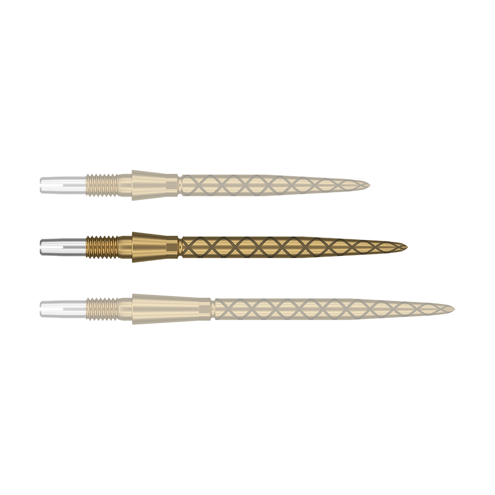 Target Swiss Storm Diamond Point Dartspitzen - Gold Das Bild zeigt drei goldene Dartspitzen mit einem rautenförmigen Muster. Die Spitzen haben einen silbernen Ansatz an einem Ende.