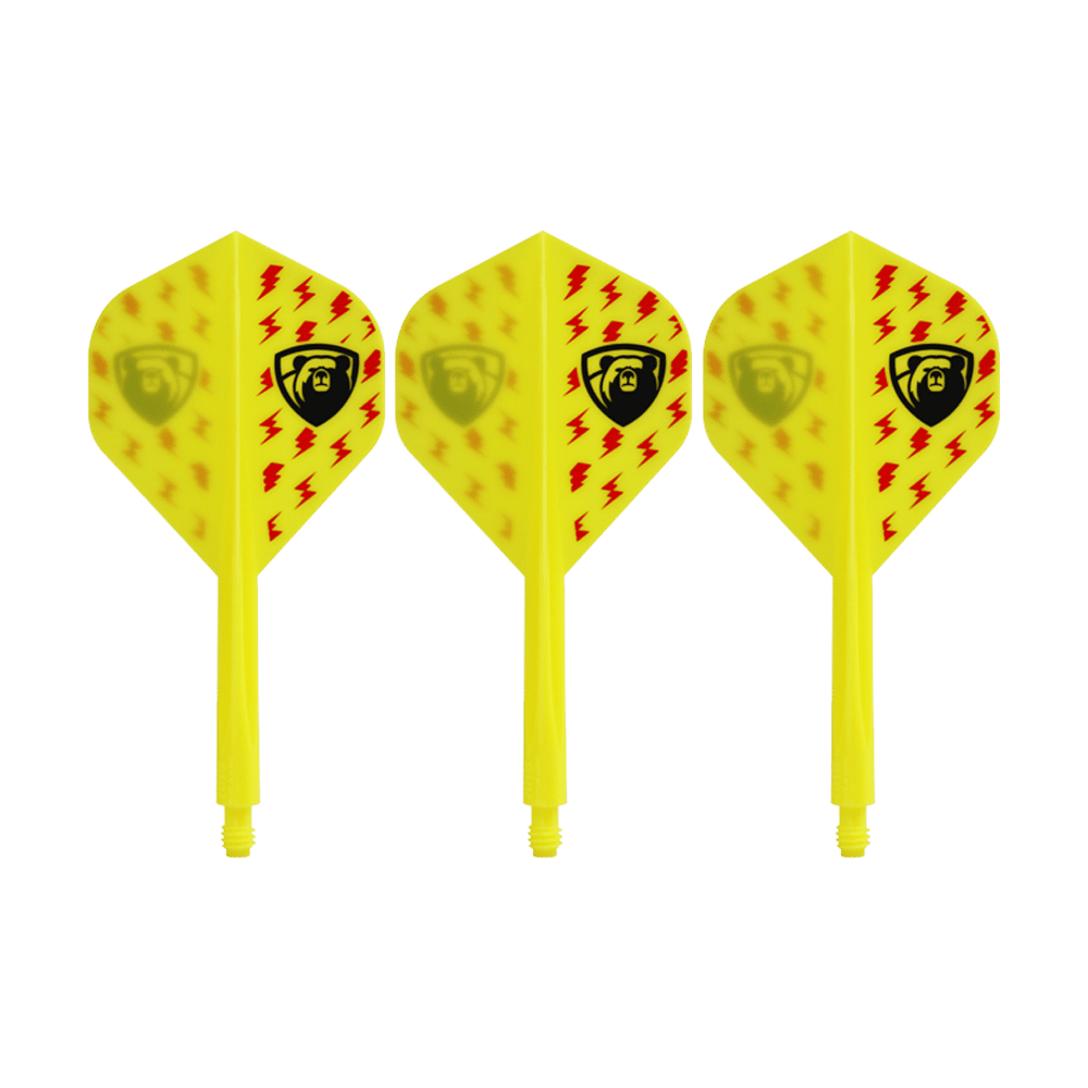 Auf dem Bild sind drei gelbe Dart-Flights mit roten Blitzsymbolen und einem schwarzen Bären-Logo zu sehen. Es handelt sich um das Produkt "Condor AXE Thunderbolt Yellow Flight-System - Standard".