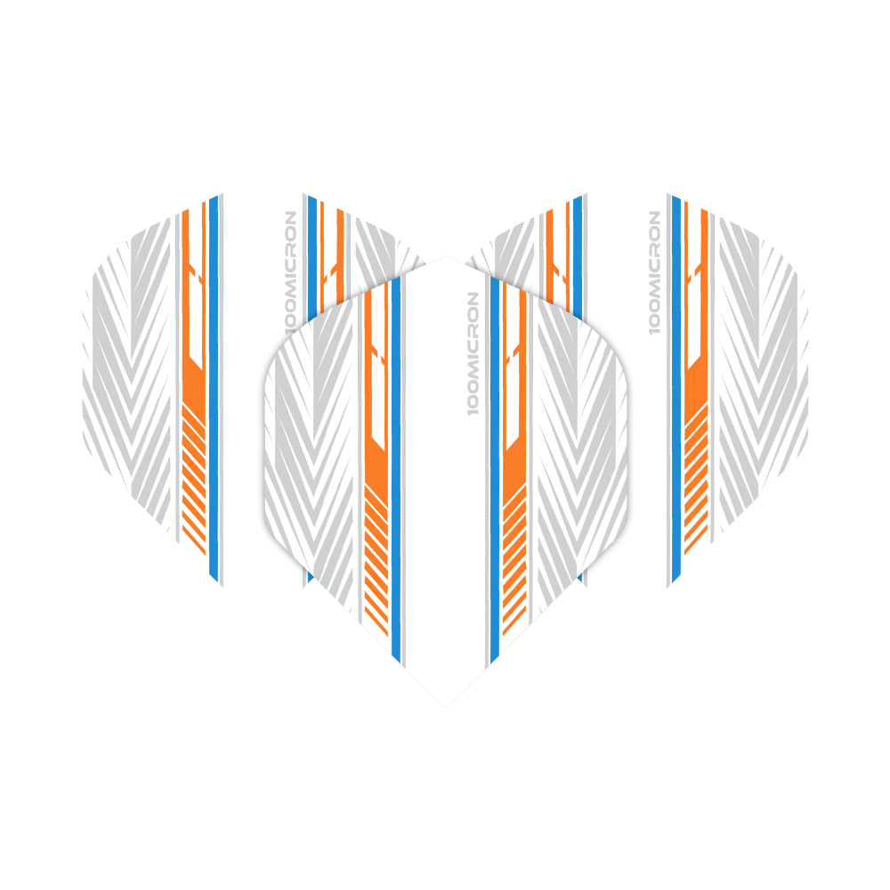 Pentathlon Flights weiß/orange/blau Das Bild zeigt die Pentathlon White Orange Blue No2 Standard Flights. Sie sind weiß mit auffälligen orangefarbenen, blauen und grauen Linienmustern gestaltet.