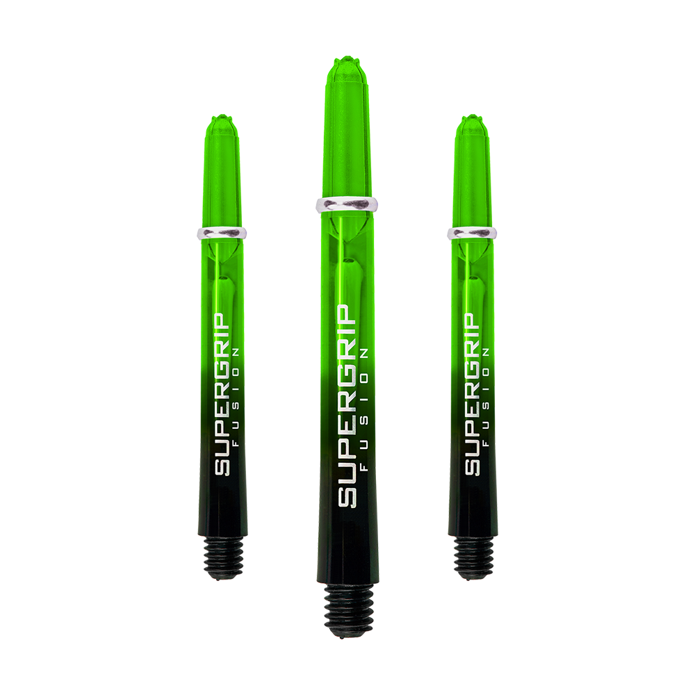 HR341_Harrows_Supergrip_Fusion_Shafts_Gr-n_47mm_1XMY3GL6M8kHdo Ein Dart-Schaft ist dargestellt, der in mehreren Farbtönen gehalten ist. Die Oberfläche ist länglich und glatt.
