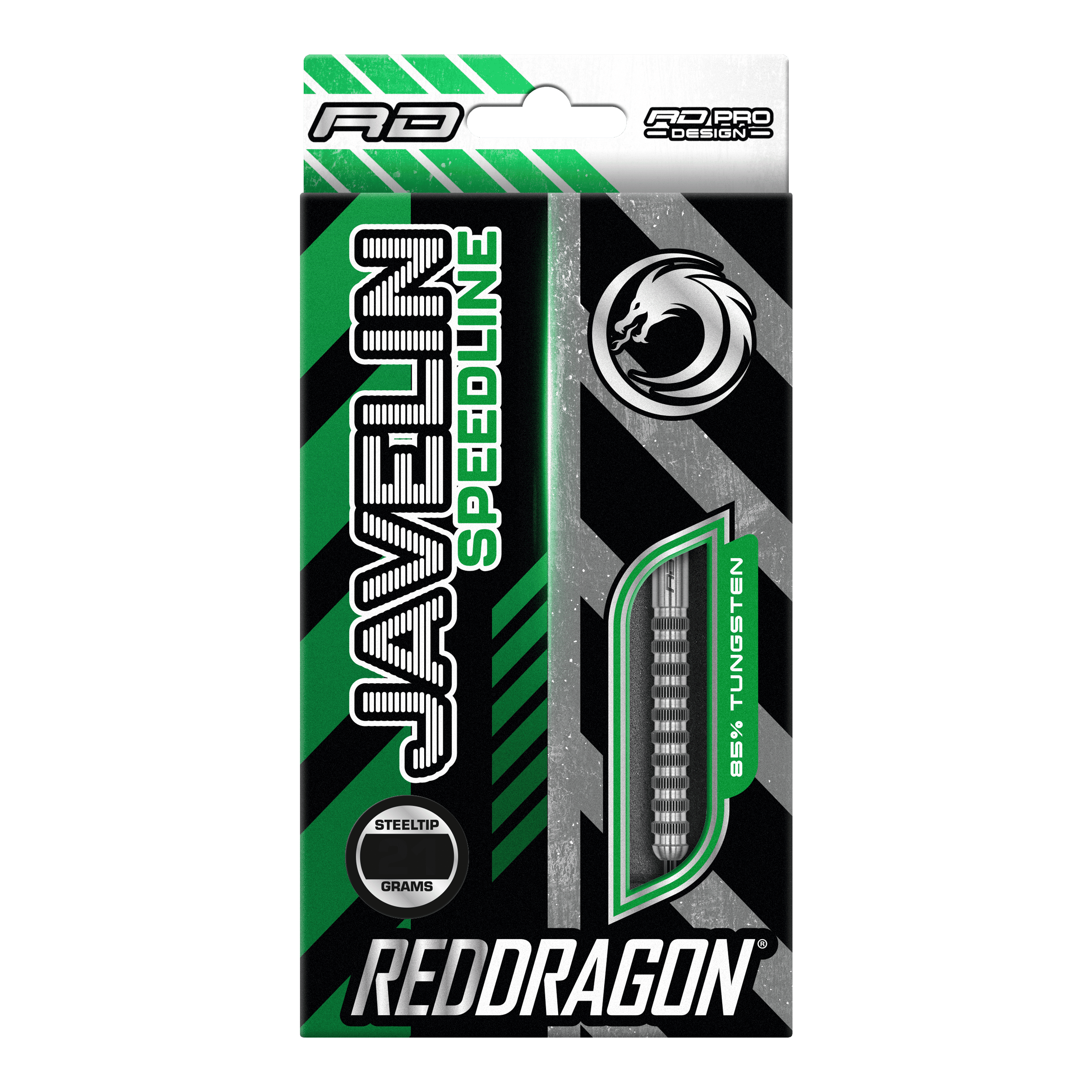 Die Abbildung zeigt die Verpackung der "Red Dragon Javelin Speedline Steeldarts". Die Packung ist grün, schwarz und silber, mit einem Sichtfenster für die Darts und auffälligem Drachen-Logo.