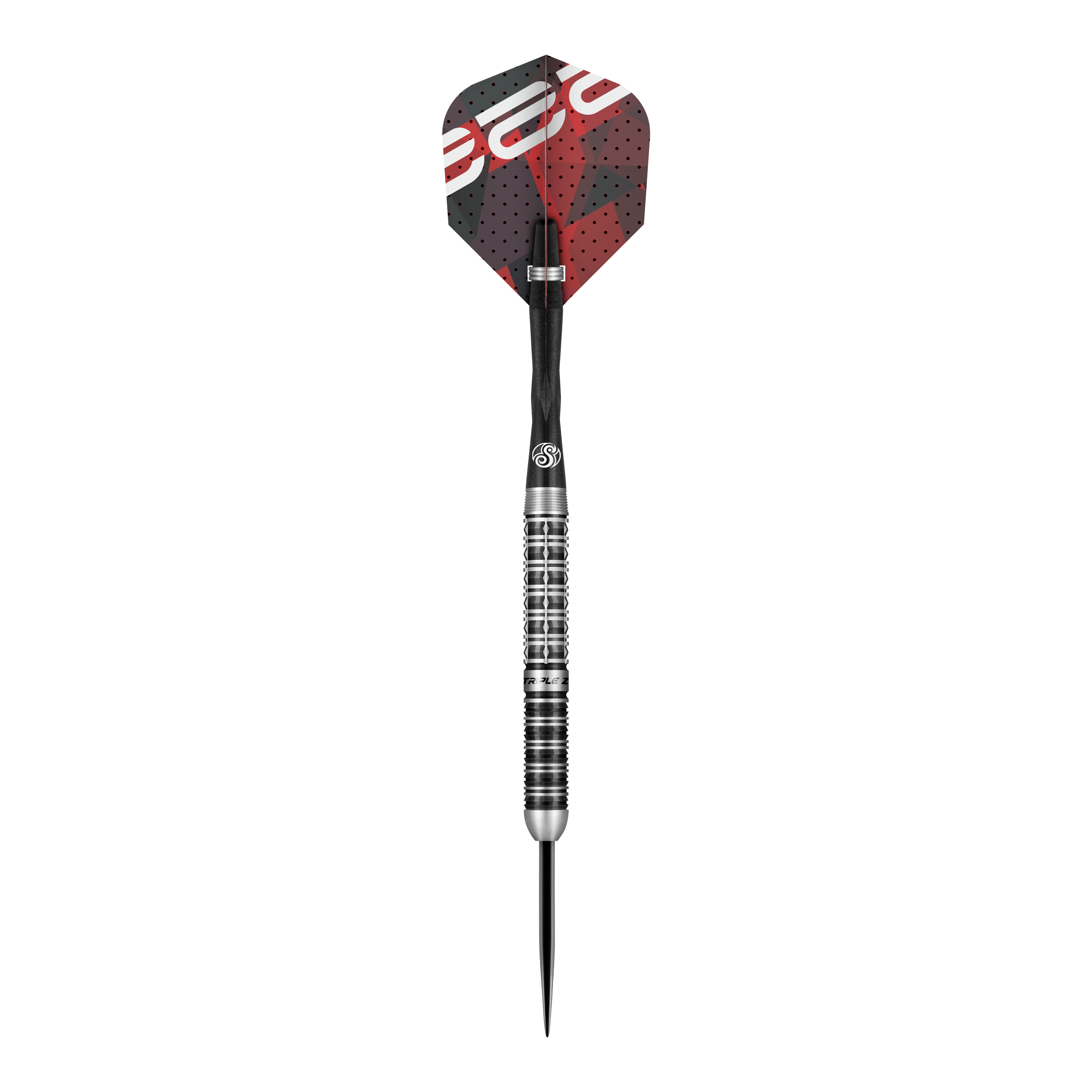 Dies ist ein Steeldart aus der Serie "Shot Niels Zonneveld V2". Der Dart hat ein silbernes, geriffeltes Barrel und schwarze sowie rote Flights.