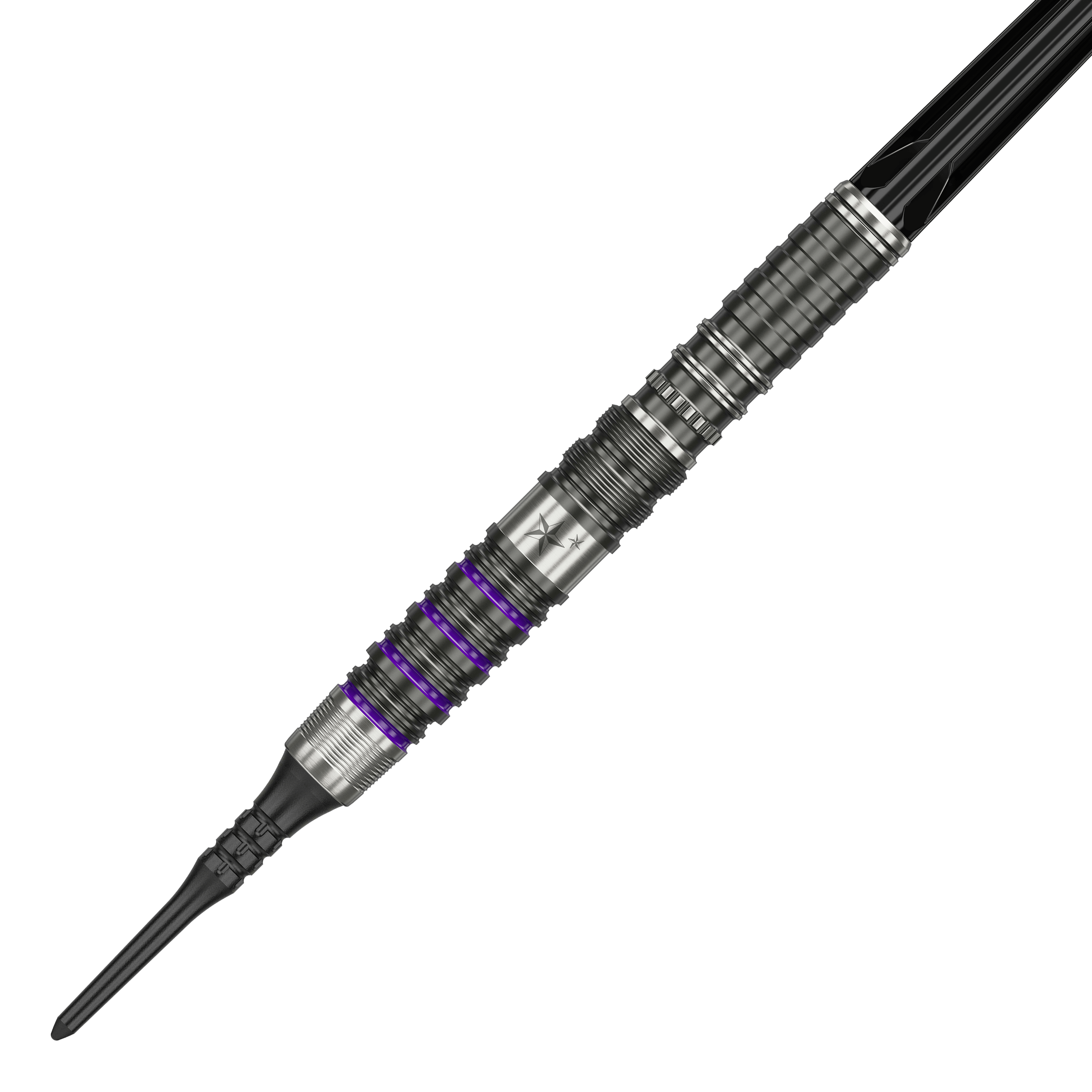 Dies ist ein Softdart aus der Target Japan Prime Series, Modell Yuta Hayashi Sirius GEN3 MAX mit 21,5g. Er besitzt ein silbernes Design mit feinen Rillen und lilafarbenen Akzenten.