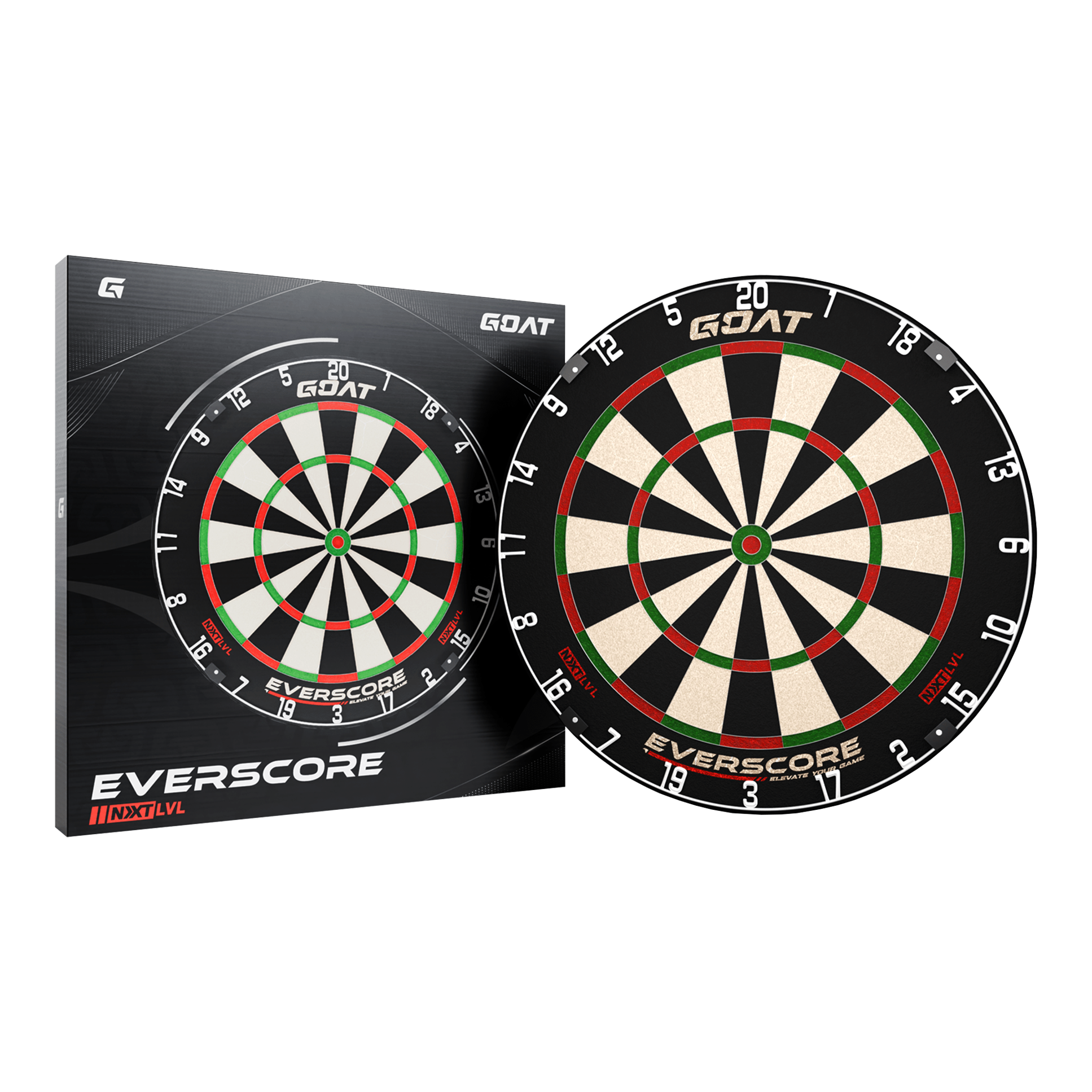 GOAT Everscore Steeldartboard Das Bild zeigt das Produkt "GOAT Everscore Steeldartboard" zusammen mit seiner Verpackung. Das Dartboard hat ein klassisches Design mit schwarzen, weißen, roten und grünen Feldern.