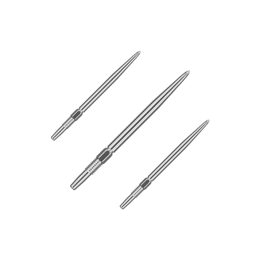 Target Swiss Point Silver Dartspitzen Das Bild zeigt drei silberne Dartspitzen, die nebeneinander liegen. Sie sind lang und haben an einem Ende eine strukturierte Griffzone.