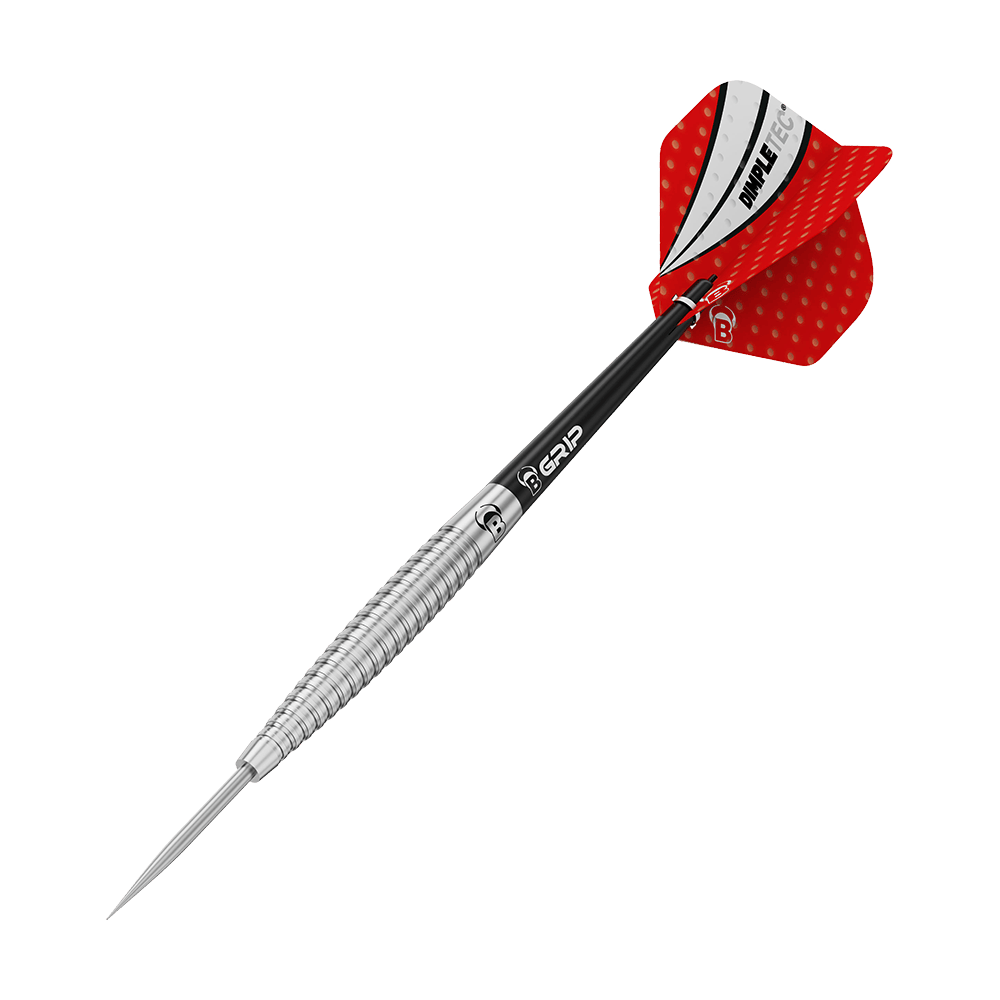 13242_Bulls_Dot_D6_Steeldarts_4 Dieses Bild zeigt den Bulls Dot D6 Steeldart. Der Dartpfeil hat einen silbernen Schaft und rote Flights mit weißen Akzenten.