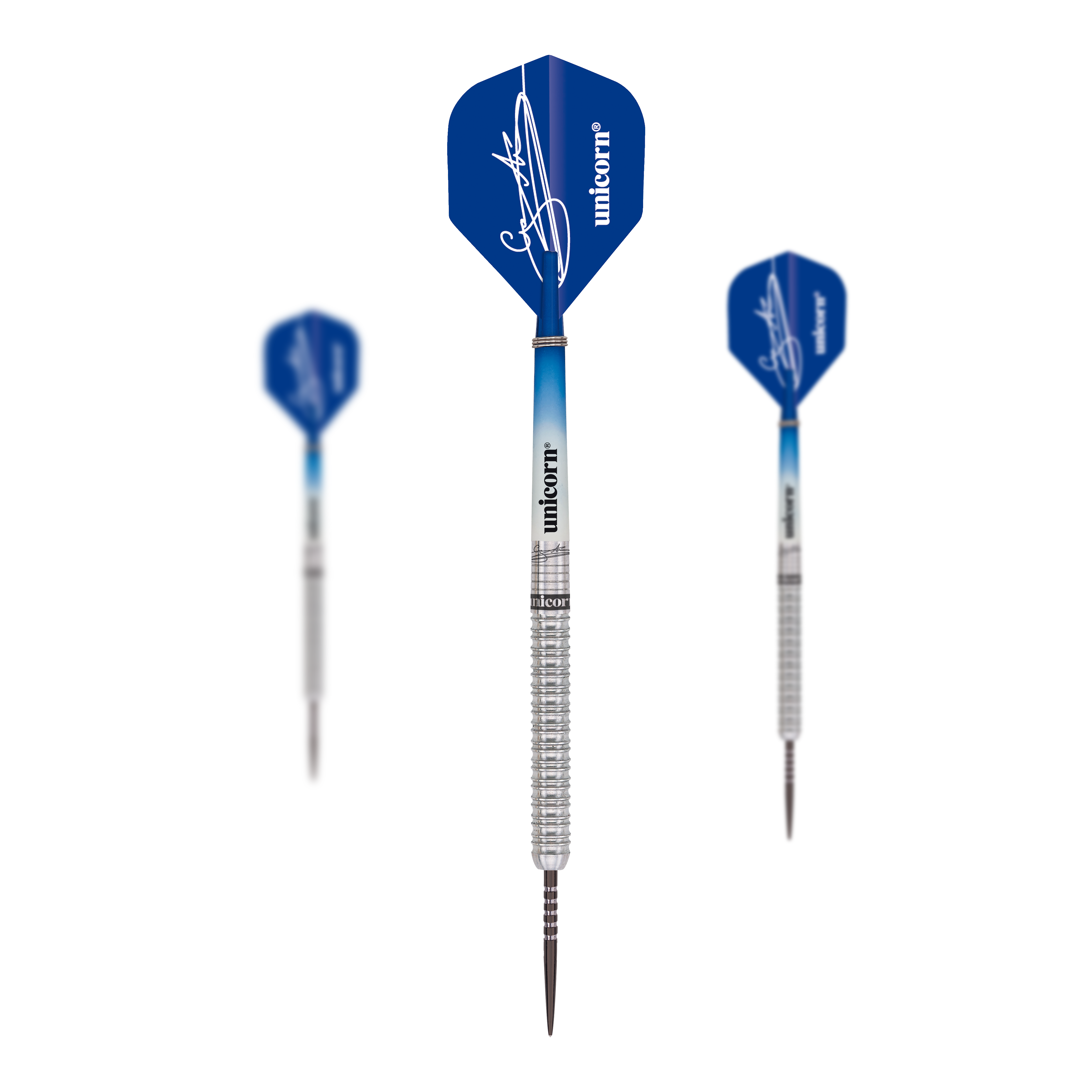 Das Bild zeigt drei Steeldarts aus dem Unicorn Gary Anderson 10 Year Commemoration Limited Edition Set. Die Darts haben blaue Flights mit weißem Aufdruck und silberne, gerillte Barrels.