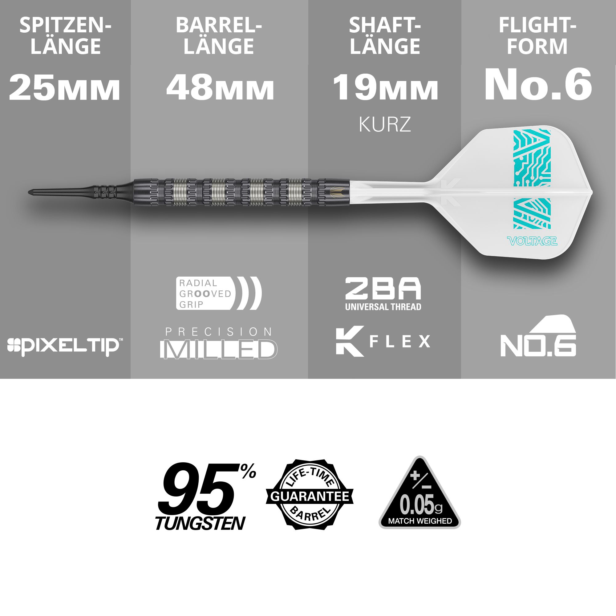 Target Rob Cross 95K Swiss Point Softdarts - 18g Das Bild zeigt den Target Rob Cross 95K Swiss Point Softdart mit 18 Gramm Gewicht. Es werden die Längen der Spitze, des Barrels, des Schafts und der Flight-Form sowie wichtige Merkmale wie 95% Tungsten und lebenslange Garantie hervorgehoben.