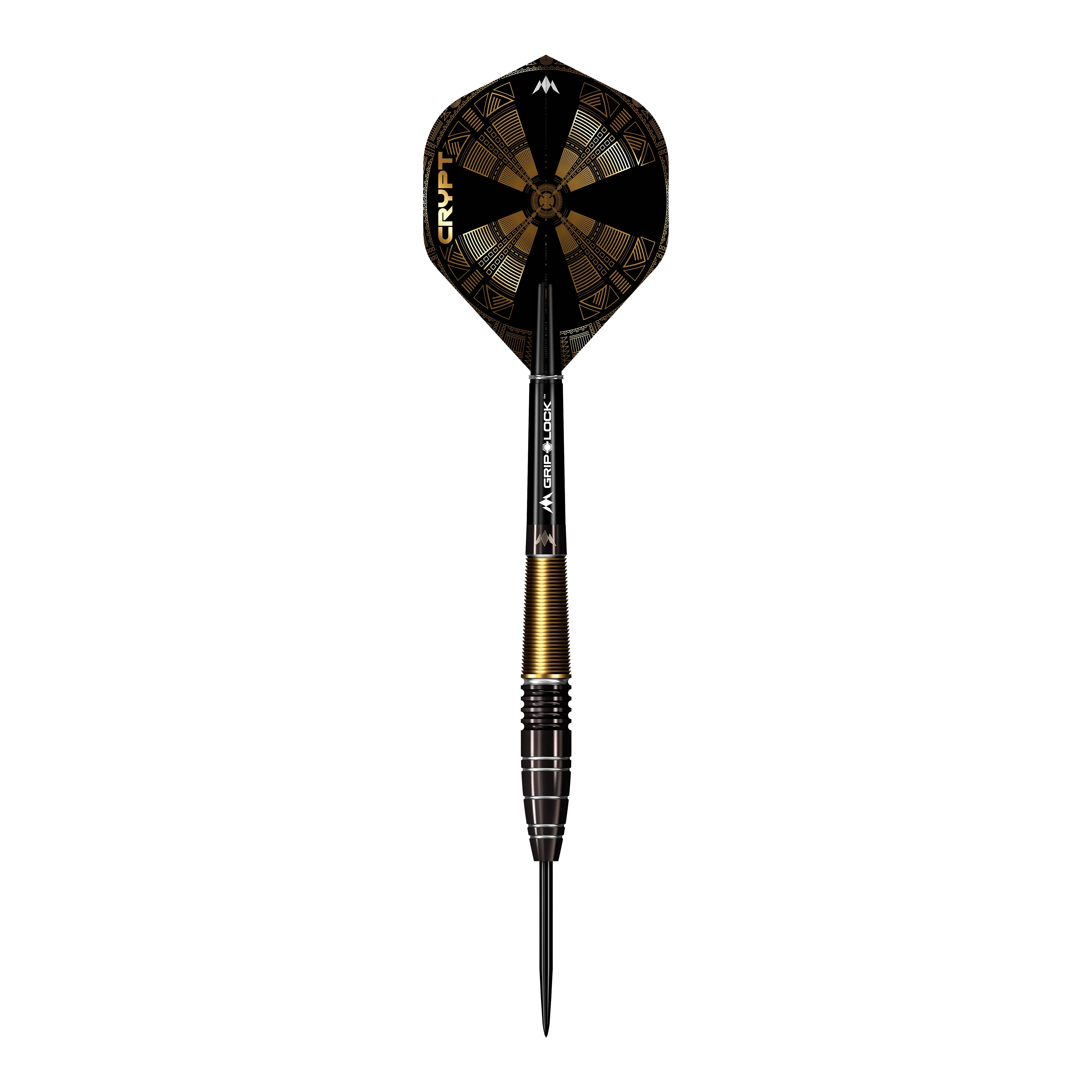 Mission Crypt Model 1 Steeldarts - 22g Das Bild zeigt einen Mission Crypt Model 1 Steeldart mit einem Gewicht von 22g. Der Dart ist schwarz-gold gefärbt und hat ein geometrisches Design auf dem Flight.