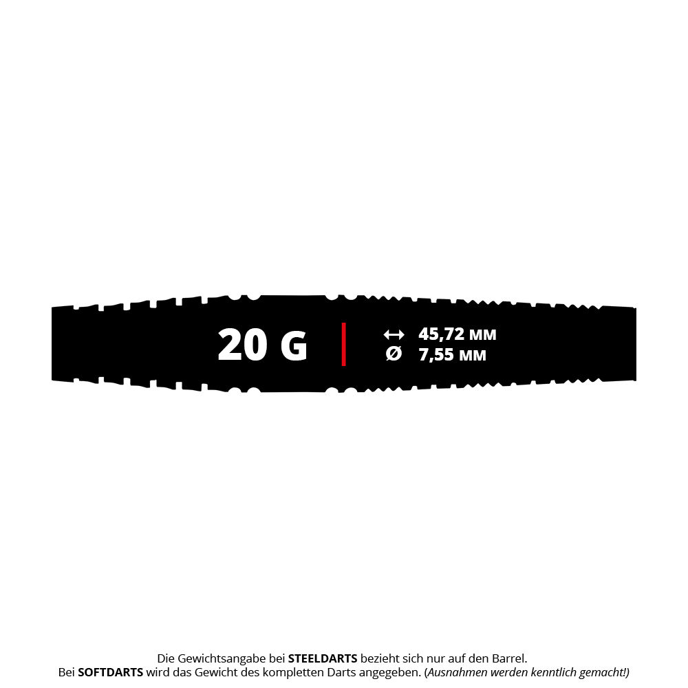 Auf dem Bild sind Red Dragon Recon Torpedo Softdarts mit einem Gewicht von 20g zu erkennen. Die Darts sind schlank und haben ein modernes Design.