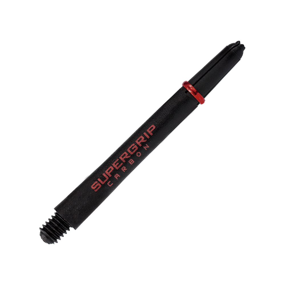 Das Bild zeigt einen Harrows Supergrip Carbon Shaft in Rot. Die Beschriftung "SUPERGRIP CARBON" ist deutlich auf dem schwarzen Schaft zu sehen.