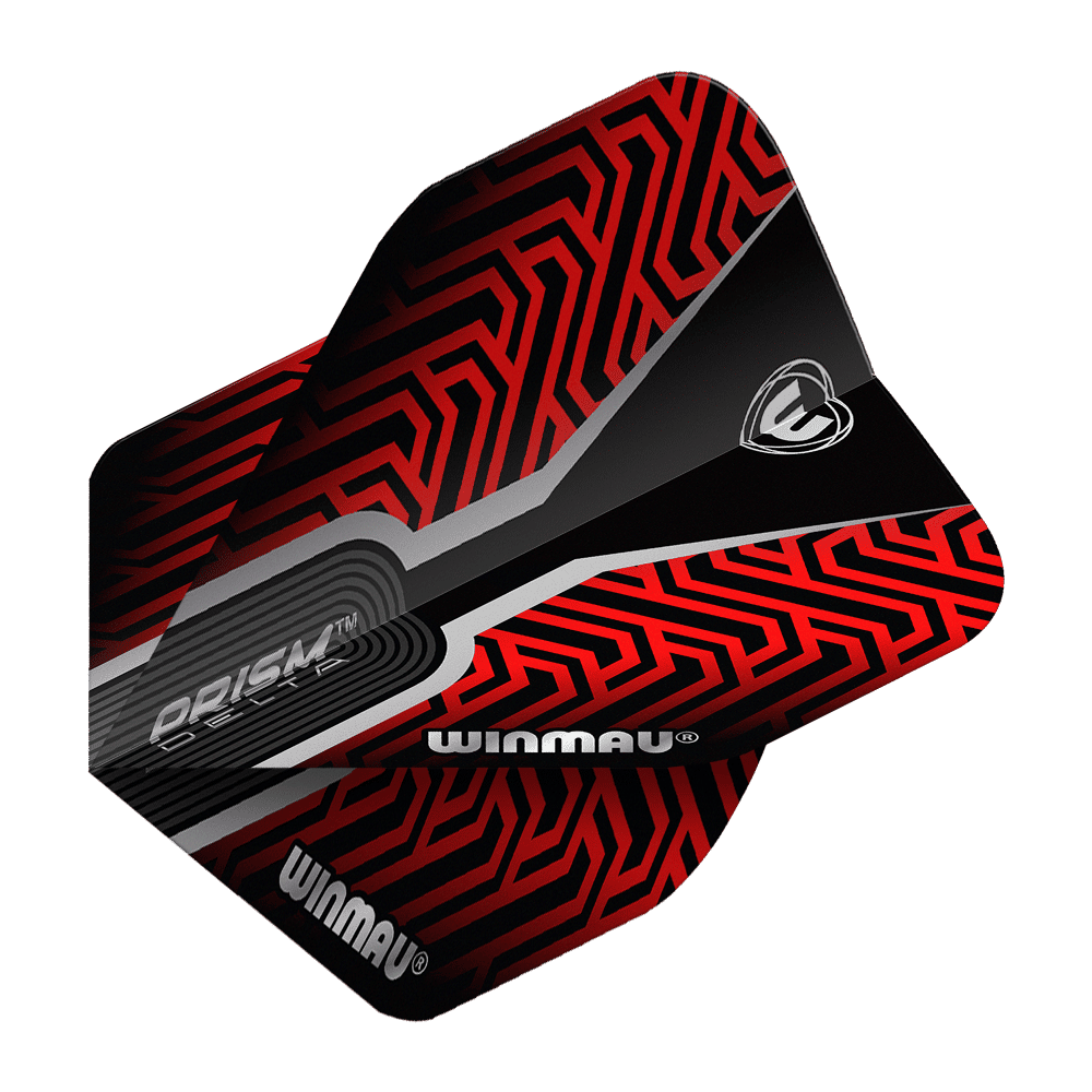 Das Bild zeigt ein Winmau Prism Delta Kairos No2 Standard Dart-Flight in Rot. Das Flight hat ein auffälliges, geometrisches Muster in Rot und Schwarz mit dem Winmau-Logo.