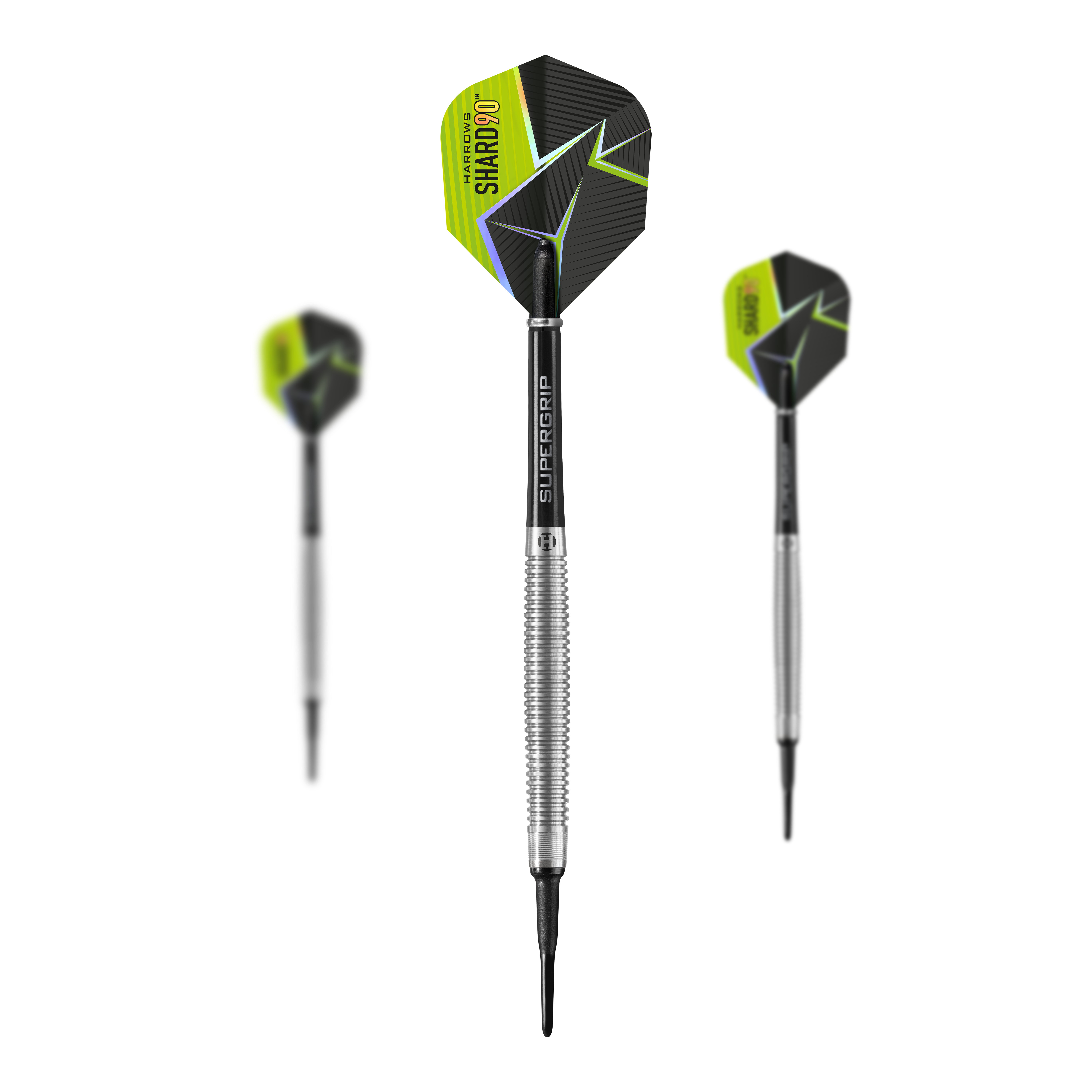 Harrows Shard Softdarts Das Bild zeigt drei Harrows Shard Softdarts mit silbernen Schäften und schwarzen Flights. Die Flights haben ein modernes Design mit gelben und grünen Akzenten.