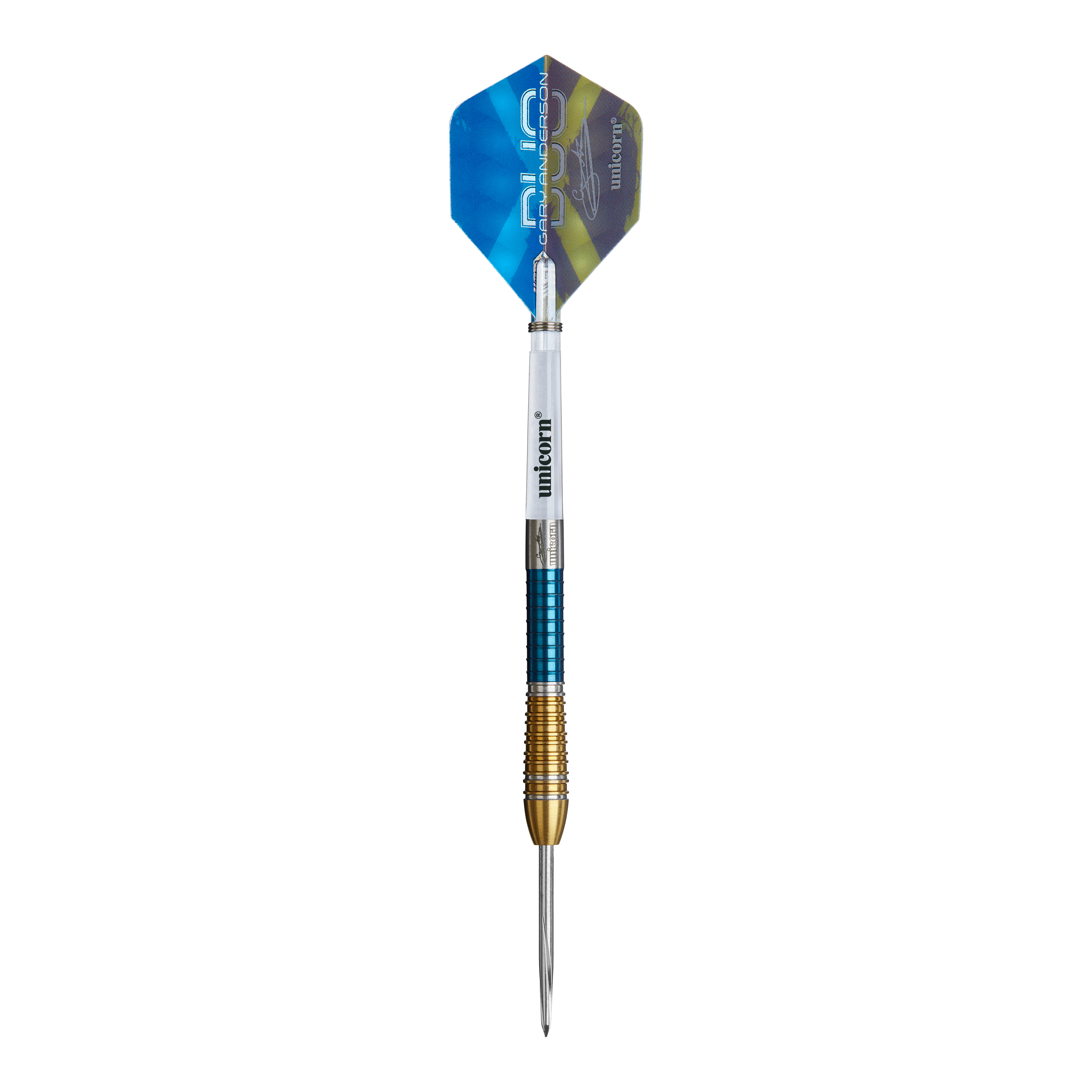 Das Bild zeigt den Unicorn Gary Anderson Duo Phase 6 Steeldart. Der Dartpfeil hat einen blauen, goldenen und weißen Schaft mit einer blauen und grünen Flights.