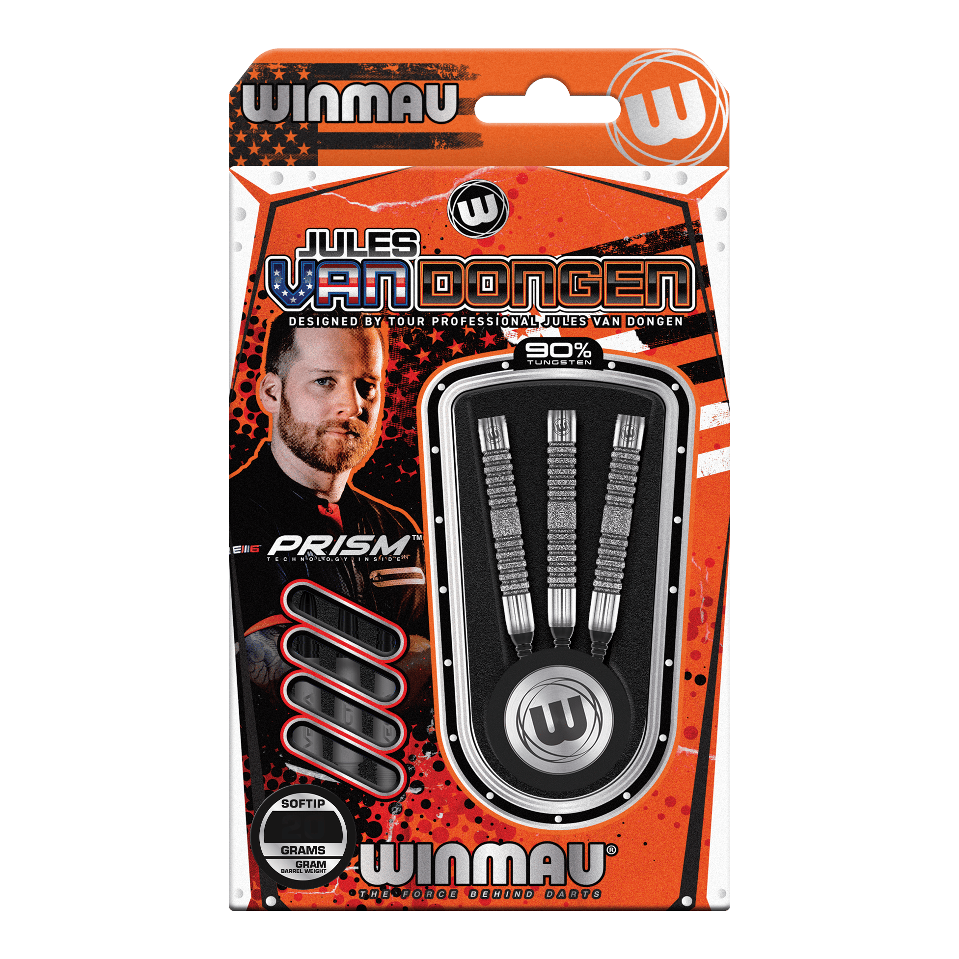Das Bild zeigt eine Verpackung der "Winmau Jules Van Dongen Softdarts - 20g". In der Packung befinden sich drei Softdarts mit 90% Tungsten.