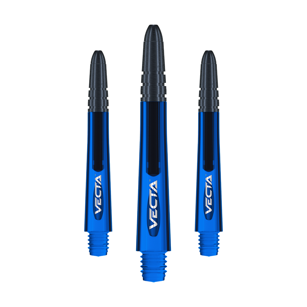 Das Bild zeigt drei blaue Winmau Vecta Shafts für Dartpfeile. Die Shafts haben eine glänzende Oberfläche und sind mit dem Schriftzug "VECTA" versehen.