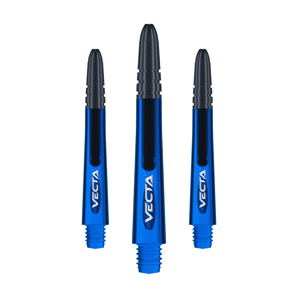 7025-205_Winmau_Vecta_Shafts_Blau_40mm_1Mj9WLzXYOHny2 Das Bild zeigt drei blaue Winmau Vecta Shafts für Dartpfeile. Die Shafts haben eine glänzende Oberfläche und sind mit dem Schriftzug "VECTA" versehen.