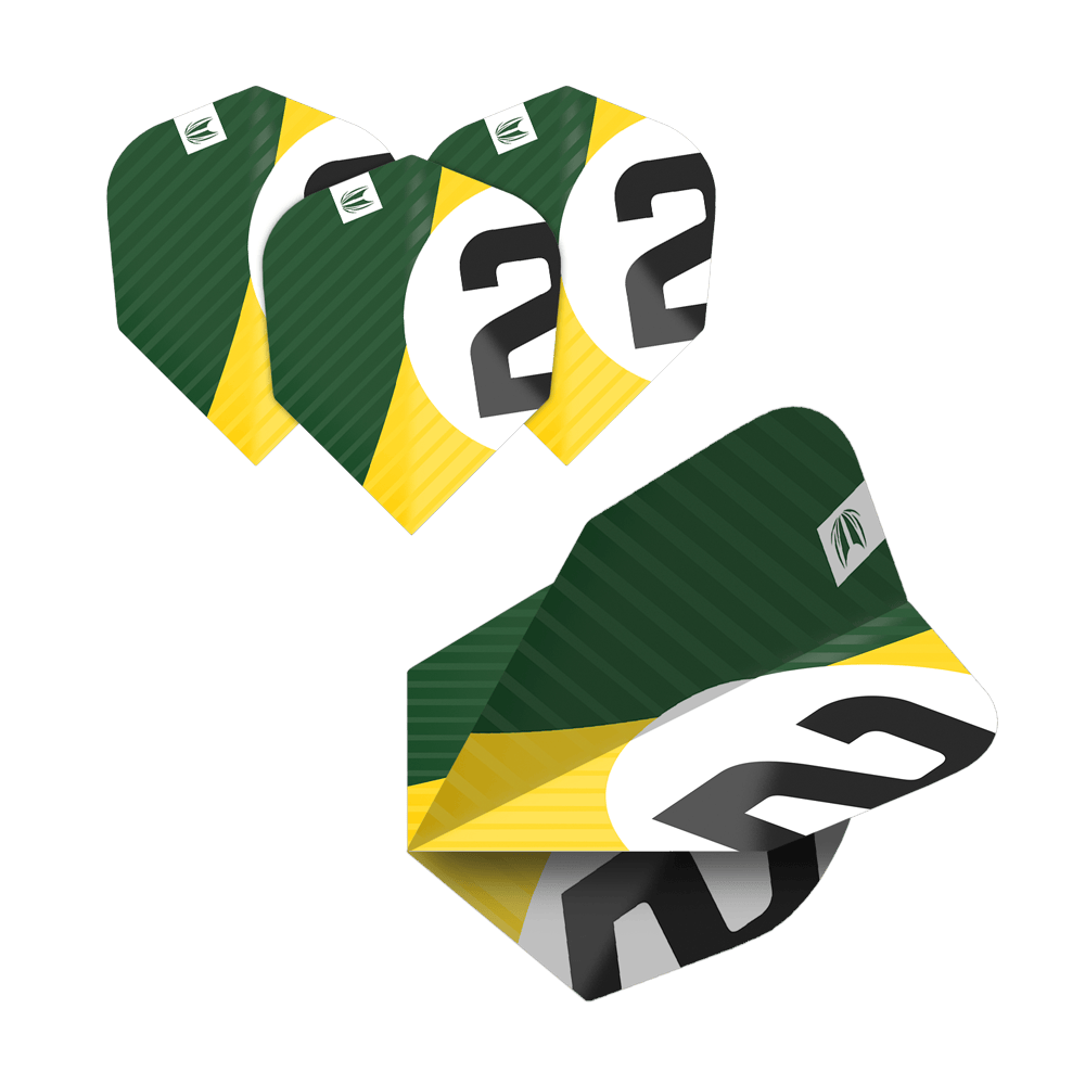 Das Bild zeigt fünf Sätze von Dart-Flights mit grün-gelbem Design und einer großen schwarzen Zahl 2 auf weißem Hintergrund. Die Flights gehören zum Produkt "Target Pro Ultra Chicane Multipack No6 Flights - 5 Sets".