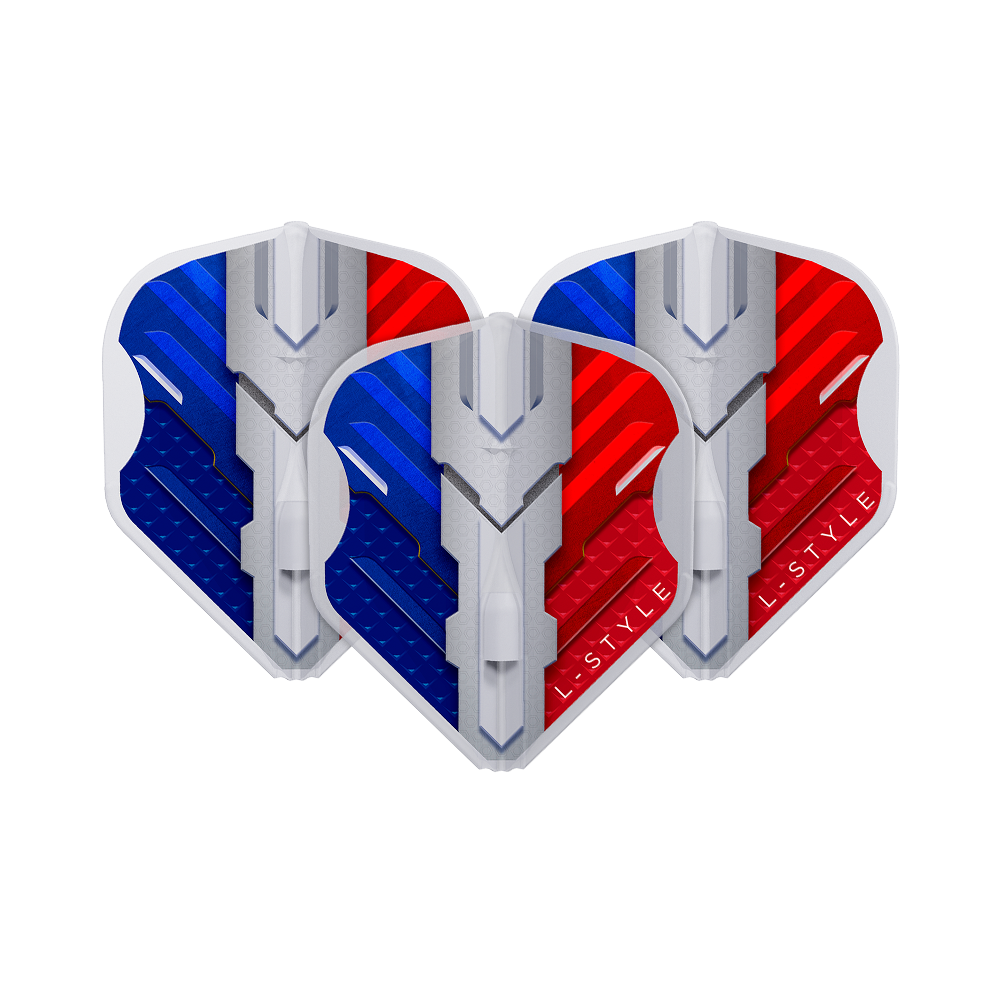 Das Bild zeigt drei Dartflights in den Farben Blau, Weiß und Rot, die die französische Flagge darstellen. Auf den Flights steht der Markenname "L-Style" und sie haben ein modernes, technisches Design.