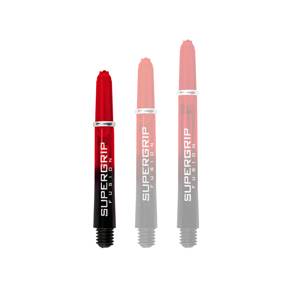 Das Bild zeigt drei Harrows Supergrip Fusion Shafts in der Farbe Rot. Die Shafts haben einen Farbverlauf von Rot zu Schwarz und den Schriftzug "SUPERGRIP FUSION" aufgedruckt.