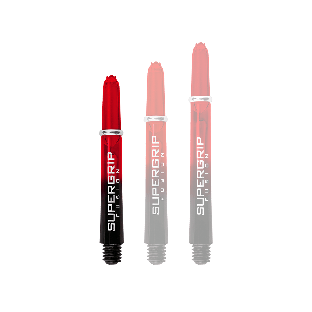 HR342_Harrows_Supergrip_Fusion_Shafts_Rot_33mm_1EkJZwq8hXz0eF Das Bild zeigt drei Harrows Supergrip Fusion Shafts in der Farbe Rot. Die Shafts haben einen Farbverlauf von Rot zu Schwarz und den Schriftzug "SUPERGRIP FUSION" aufgedruckt.