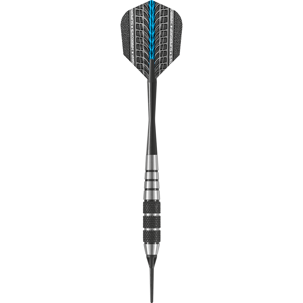 Dies ist ein Softdartpfeil mit einem silbernen und schwarzen Design. Die Flights sind schwarz mit blauen und weißen Akzenten.