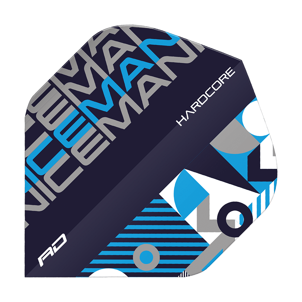 Das Bild zeigt ein Dart-Flight mit dem Namen "Red Dragon Hardcore Iceman Black Blue Standard Flights". Das Design besteht aus schwarzer, blauer und grauer Farbe mit geometrischen Mustern und dem Schriftzug "HARDCORE".