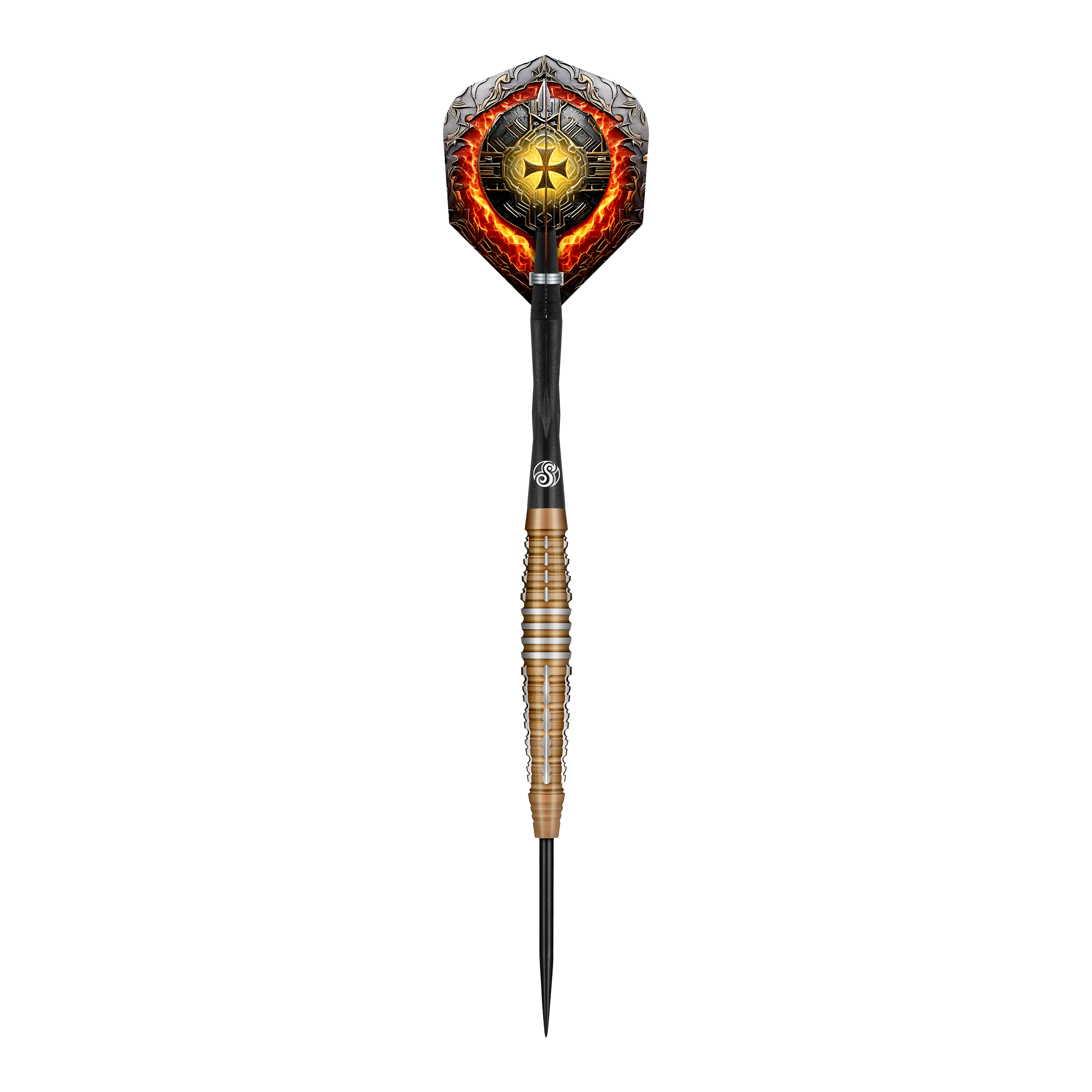 Dies ist ein moderner Steeldartpfeil namens "Shot Future Knights Hachette Steeldarts". Er hat ein auffälliges Design mit einem goldenen Stern und feurigen Details auf dem Flight.