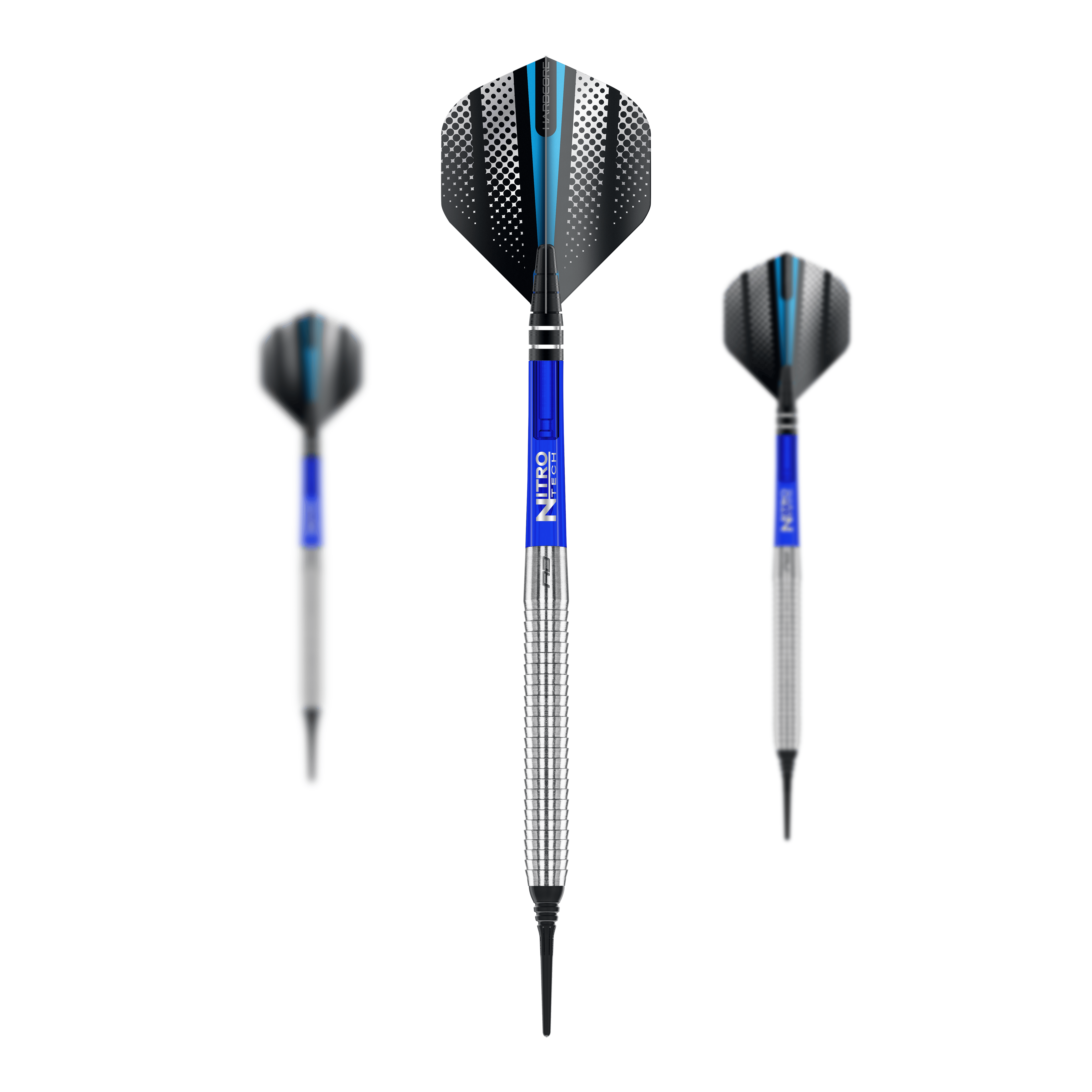 Das Bild zeigt drei Softdarts des Modells "Red Dragon Razor Edge Original" mit einem Gewicht von 20g. Die Darts haben blaue Schäfte, silberne Griffe und schwarz-blaue Flights.