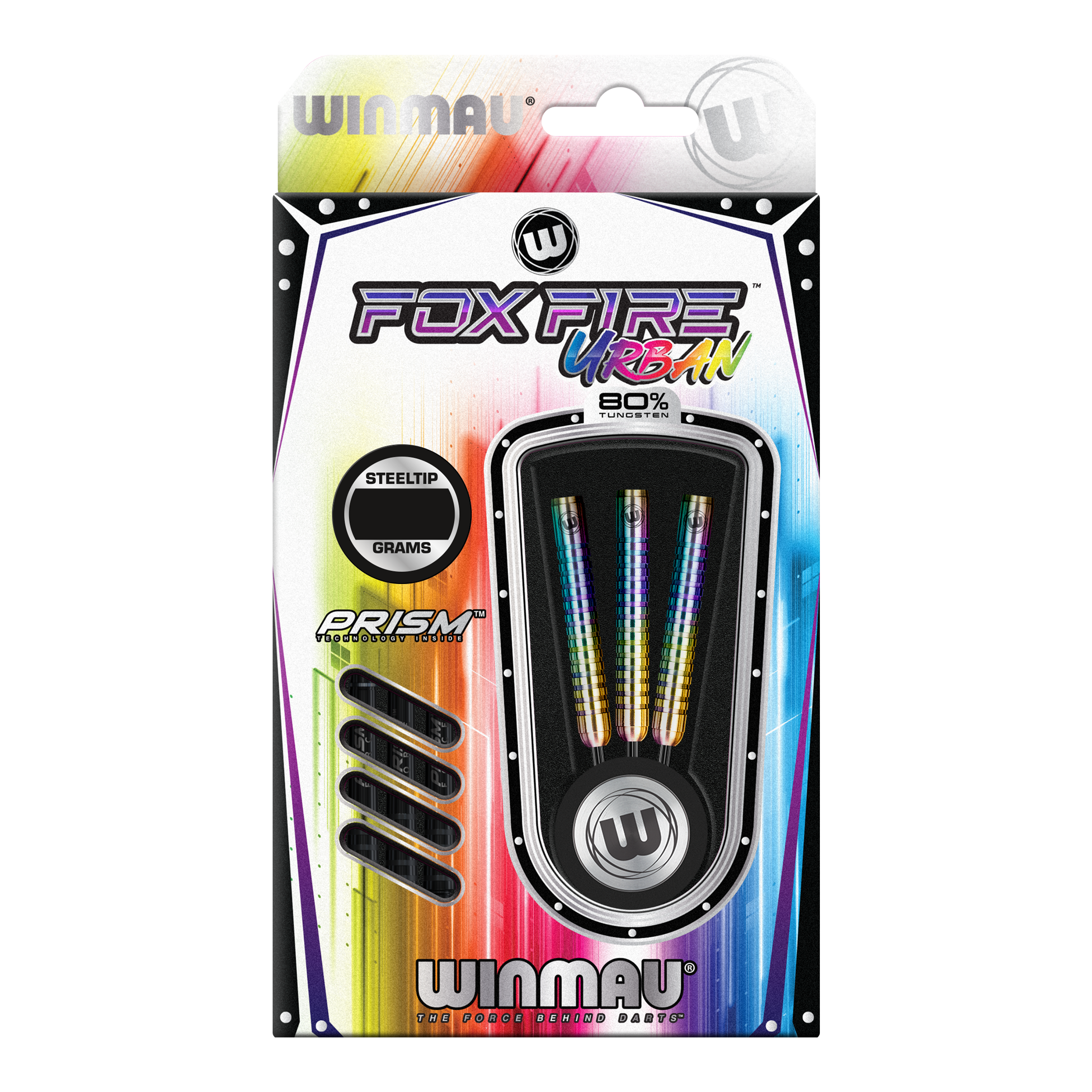 Winmau Foxfire Urban Steeldarts Das Bild zeigt die Verpackung der "Winmau Foxfire Urban Steeldarts". Die Darts haben ein buntes Design und bestehen zu 80 % aus Wolfram.