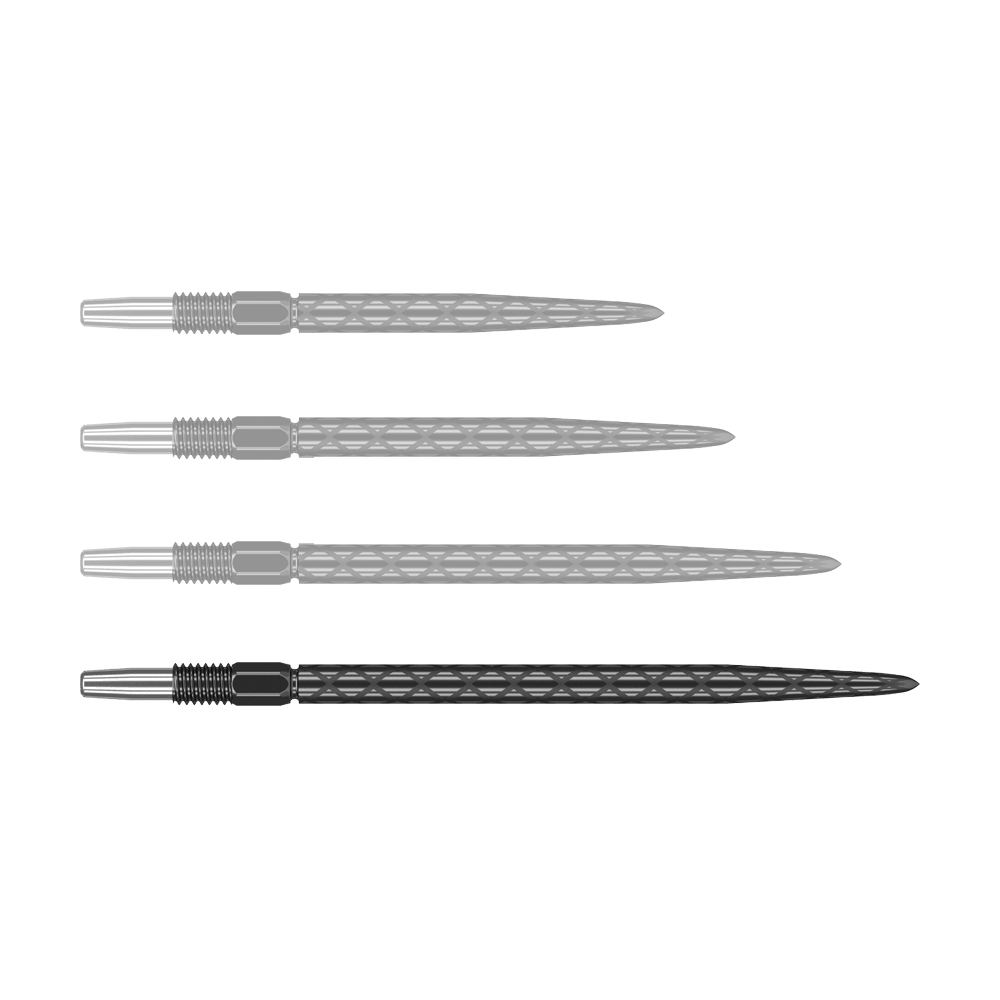 Target Swiss Diamond Pro Black Points Dartspitzen Auf dem Bild sind vier schwarze Dartspitzen mit einem diamantförmigen Muster zu sehen. Sie sind in einer waagerechten Reihe angeordnet.