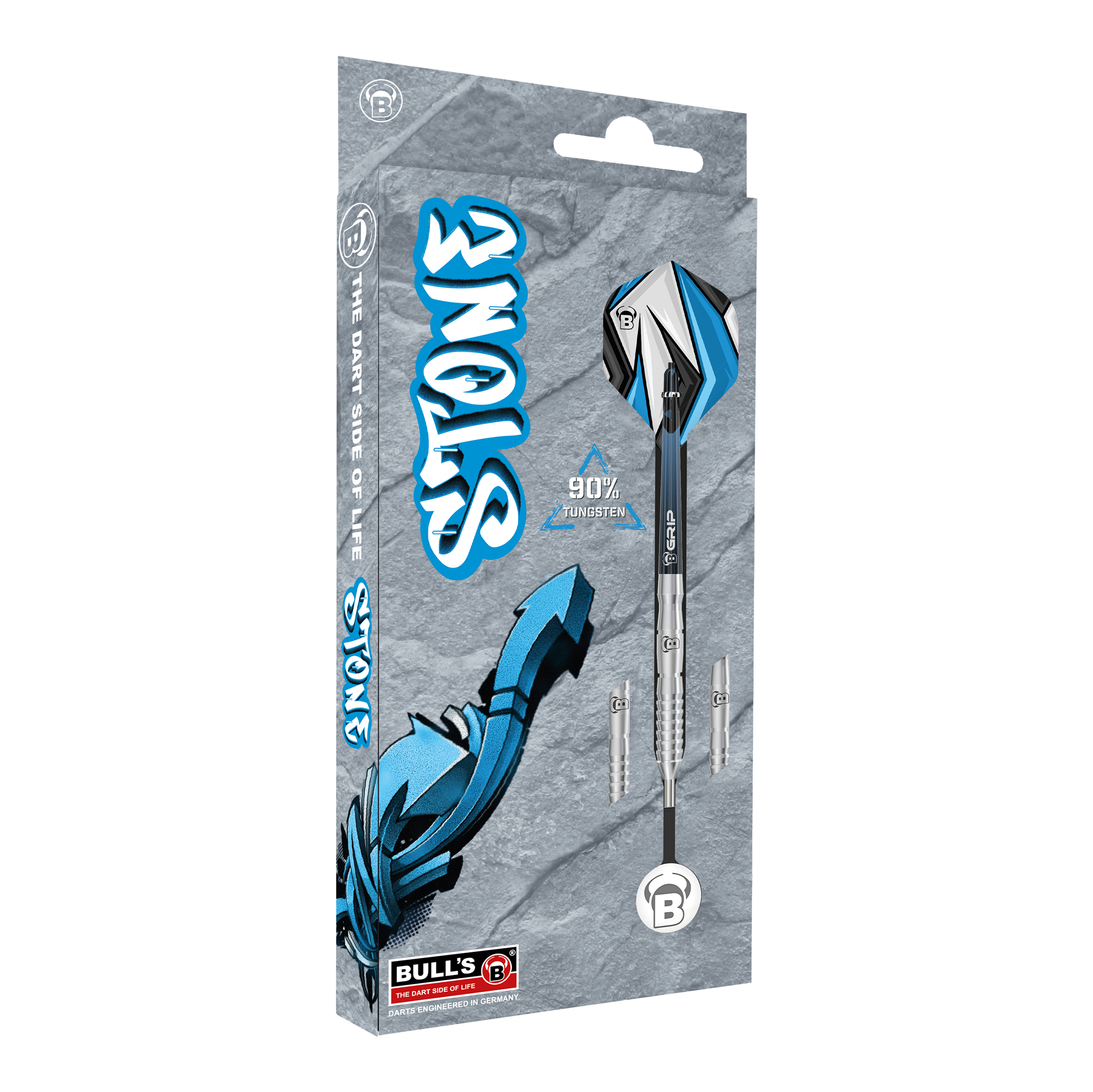 Die Abbildung zeigt die Verpackung der "Bulls Stone S2 Steeldarts". Die Darts bestehen zu 90% aus Tungsten und sind im Design grau und blau gehalten.